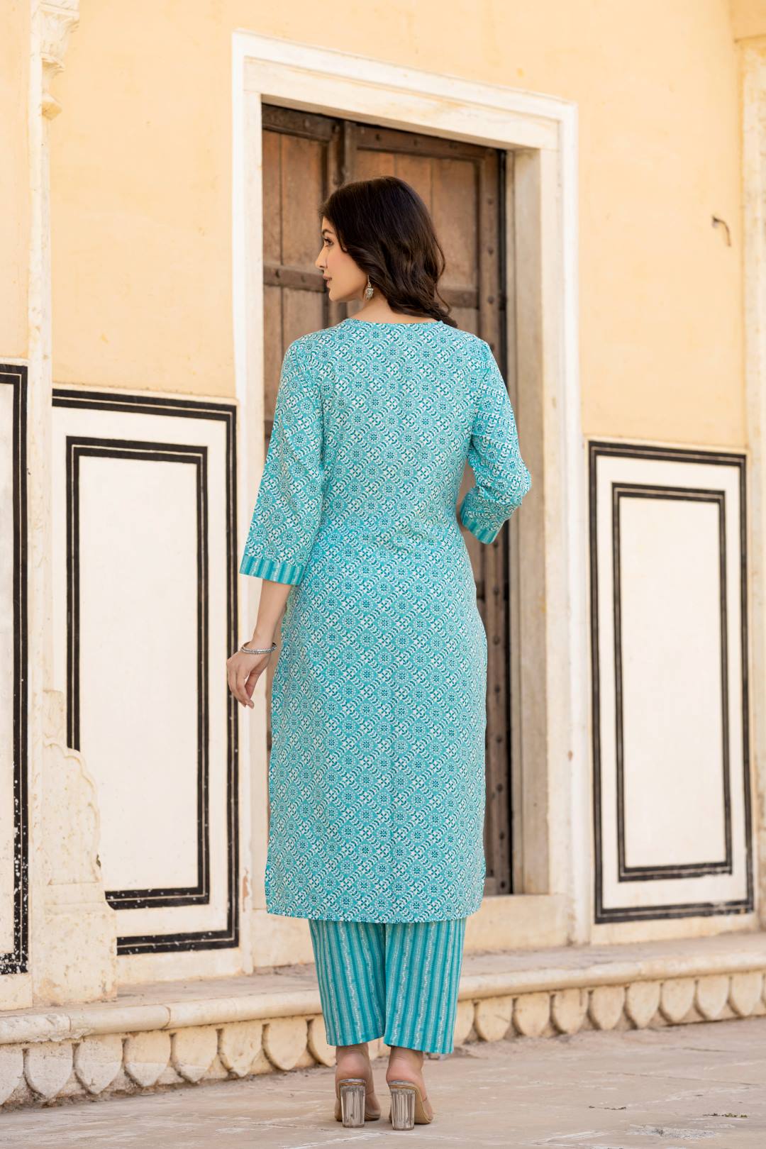 Dhiyona VR Women's Blue V Neck Thread Embroidered Kurta Paired With Printed Bottom And Dupatta