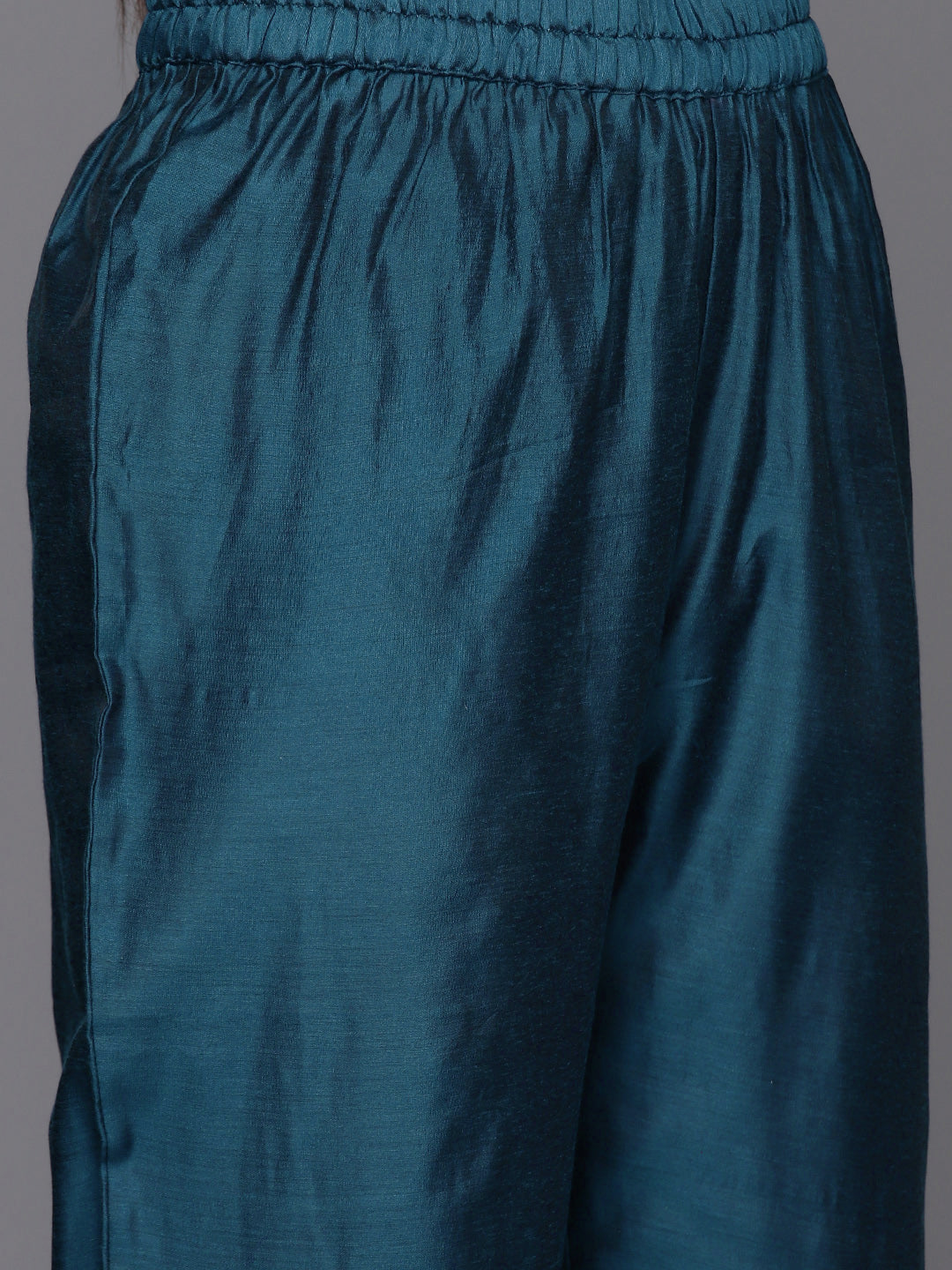 Dhiyona VR Women's Teal Embroidered Straight Kurta Paired With Tonal Bottom And Dupatta With Four Side Fringes