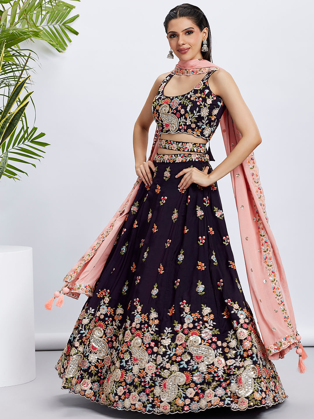 Women Magenta Organza Sequins and thread embroidery Lehenga choli & Dupatta