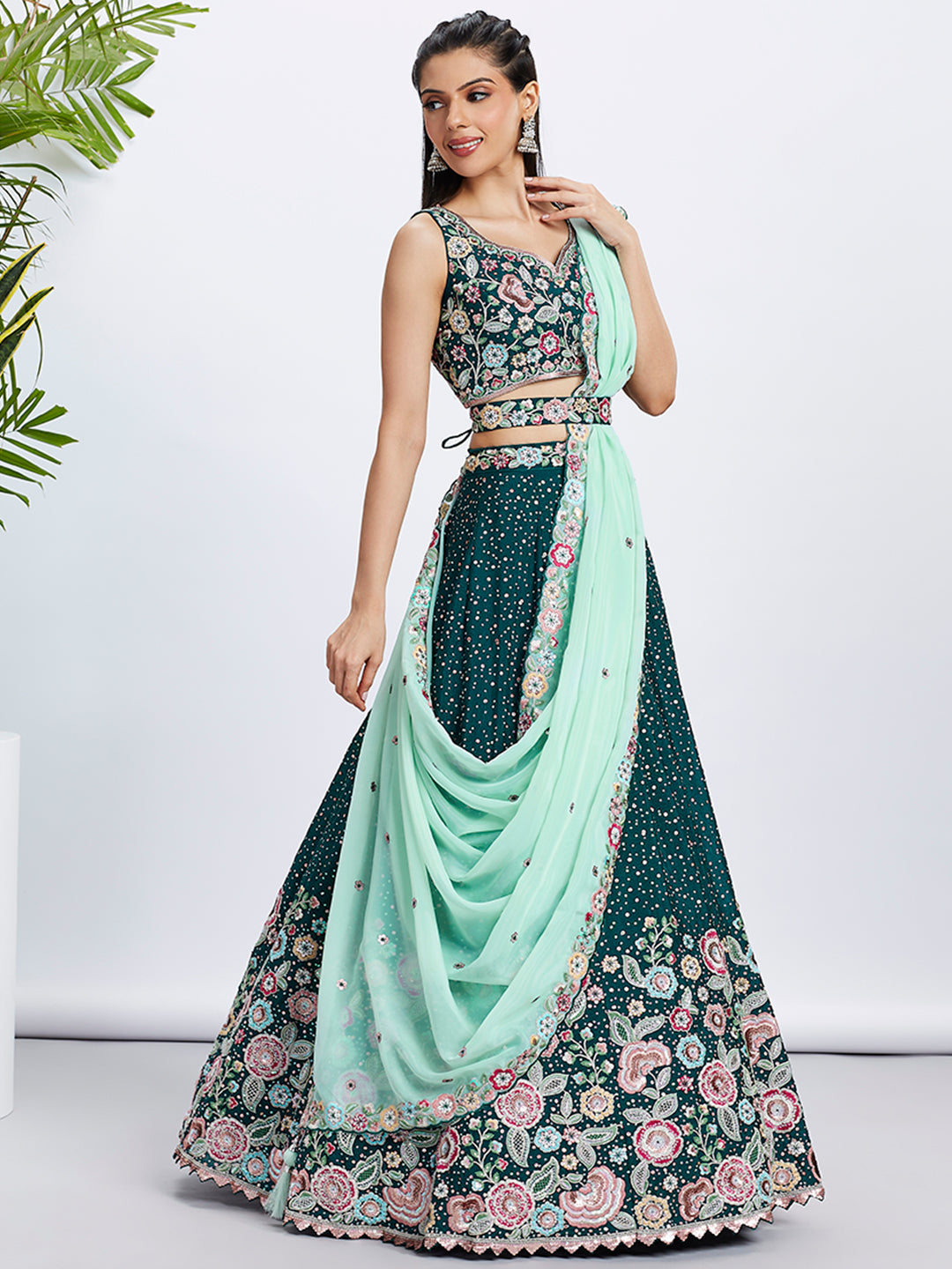 Women Green Pure Chiffon Sequins and thread embroidery Lehenga choli & Dupatta
