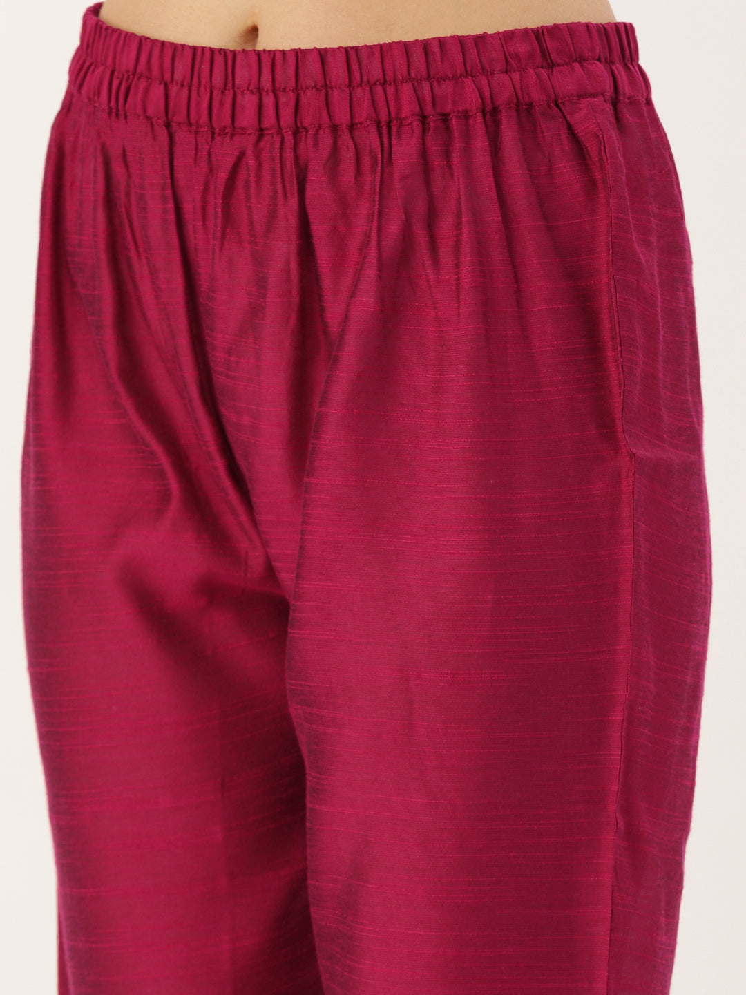 Dhiyona VR Women's Magenta Silk Kurta With Woven Yoke And Fully Elasticated Trouser