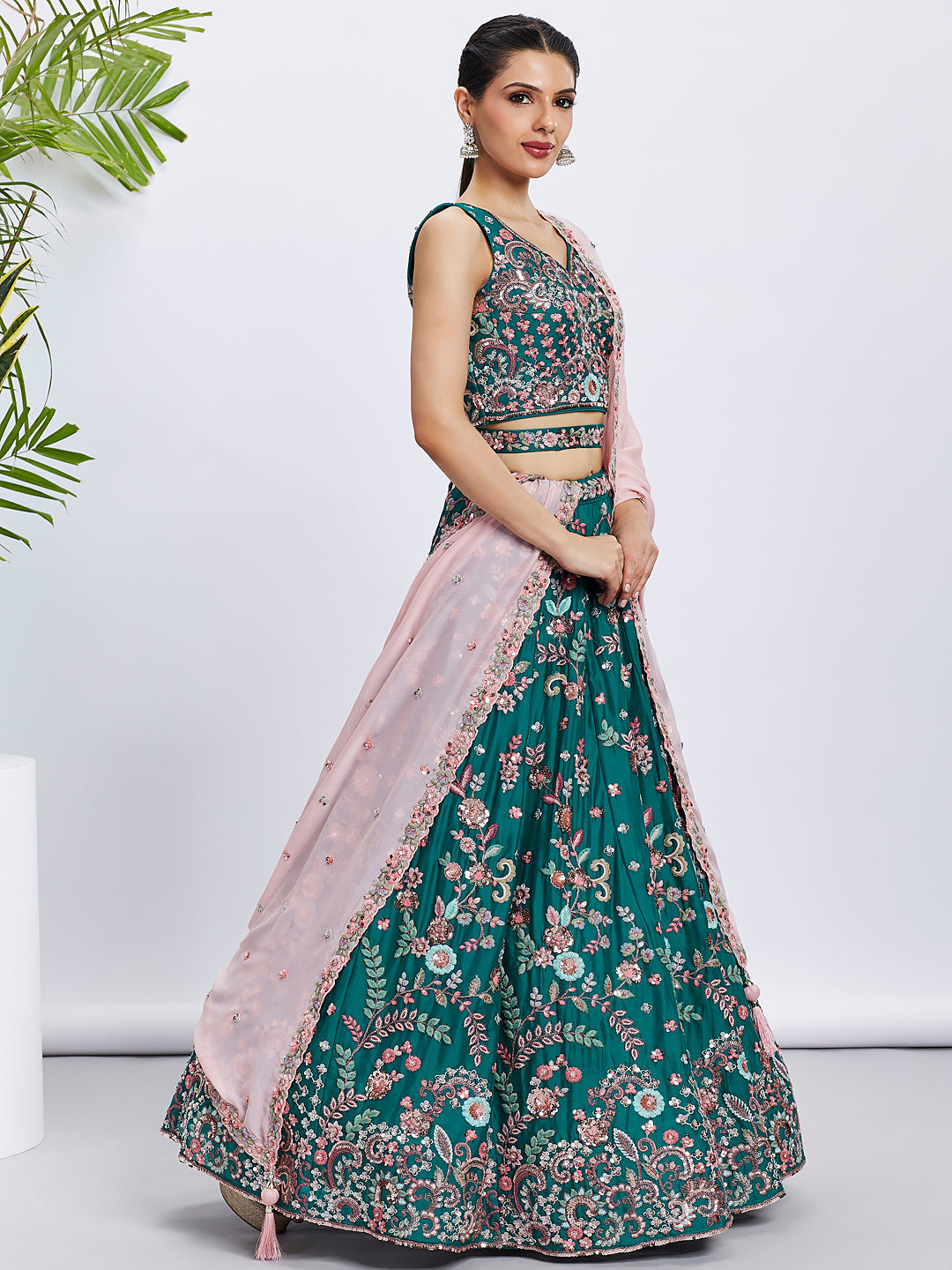 Women Green Pure Georgette Sequins and thread embroidery Lehenga choli & Dupatta