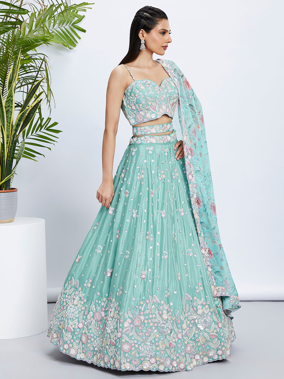 Women Sea green Chiffon Sequins and thread embroidery  Lehenga choli & Dupatta