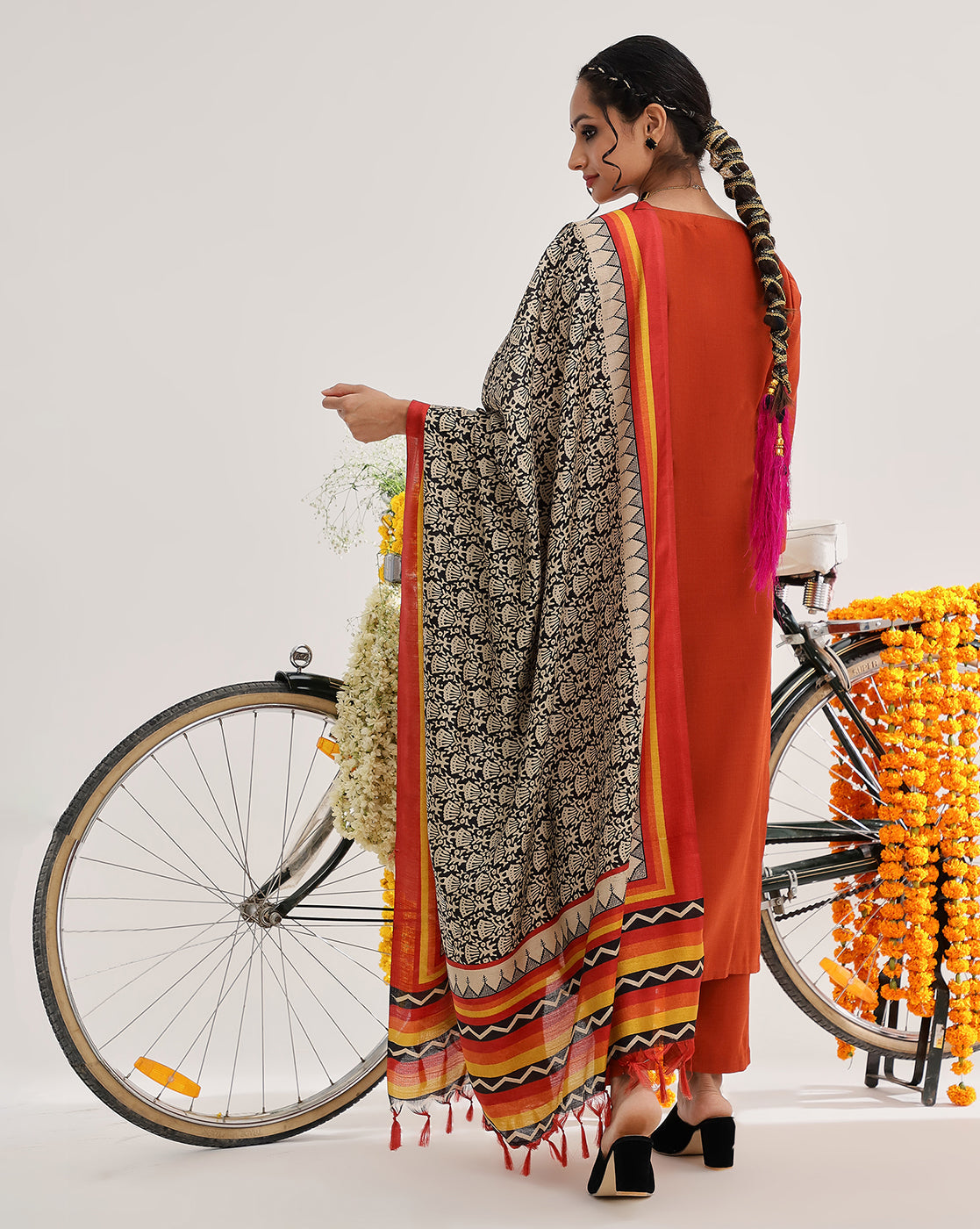 Dhiyona VR Women's Rust Yoke Embroidered Straight Kurta Paired With Tonal Bottom And Contrast Printed Dupatta
