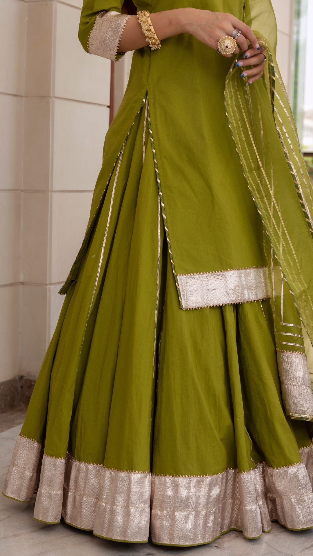 Falguni Green Long Kurta Skirt Set
