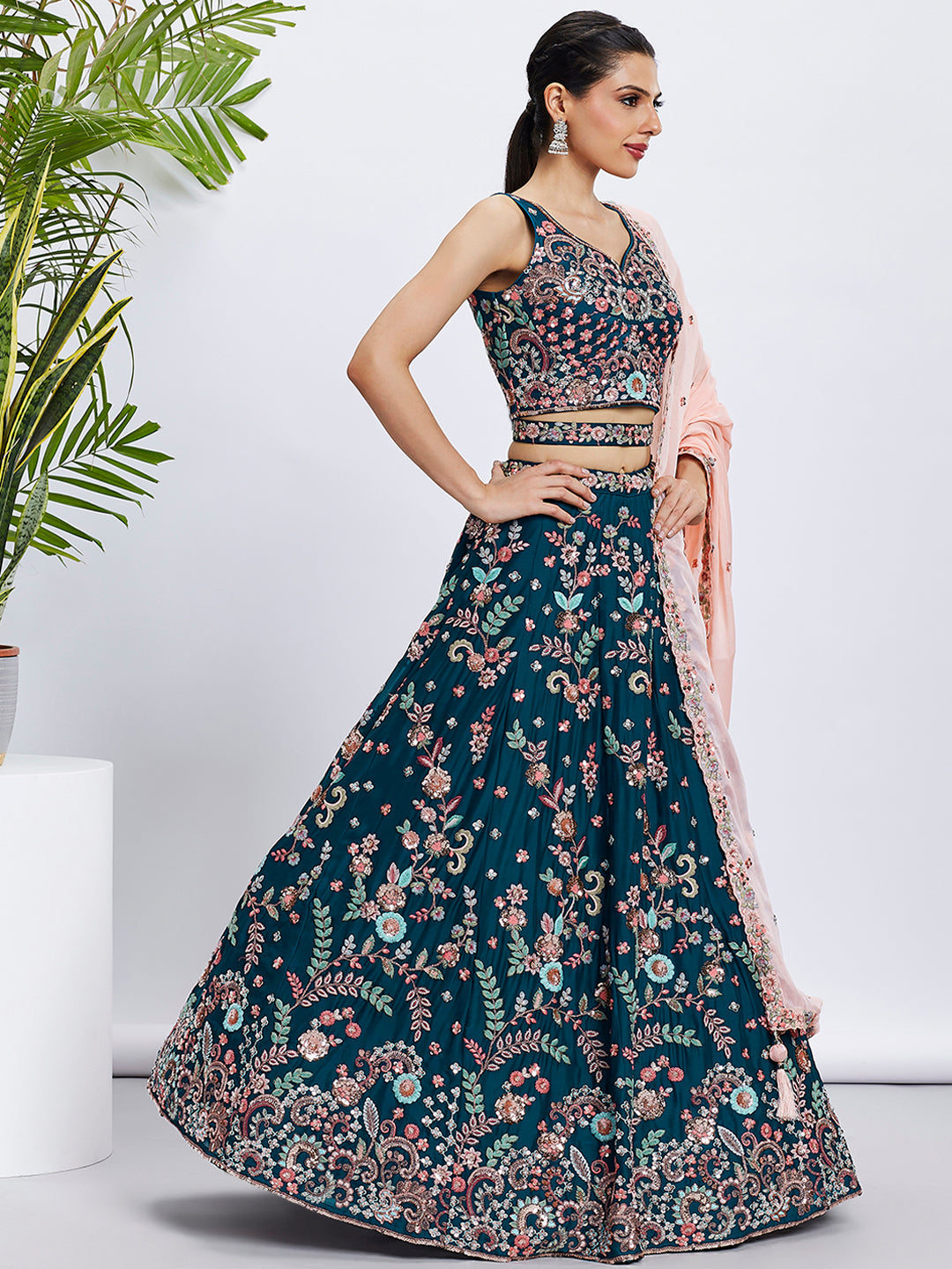 Women Teal Pure Georgette Sequins and thread embroidery Lehenga choli & Dupatta