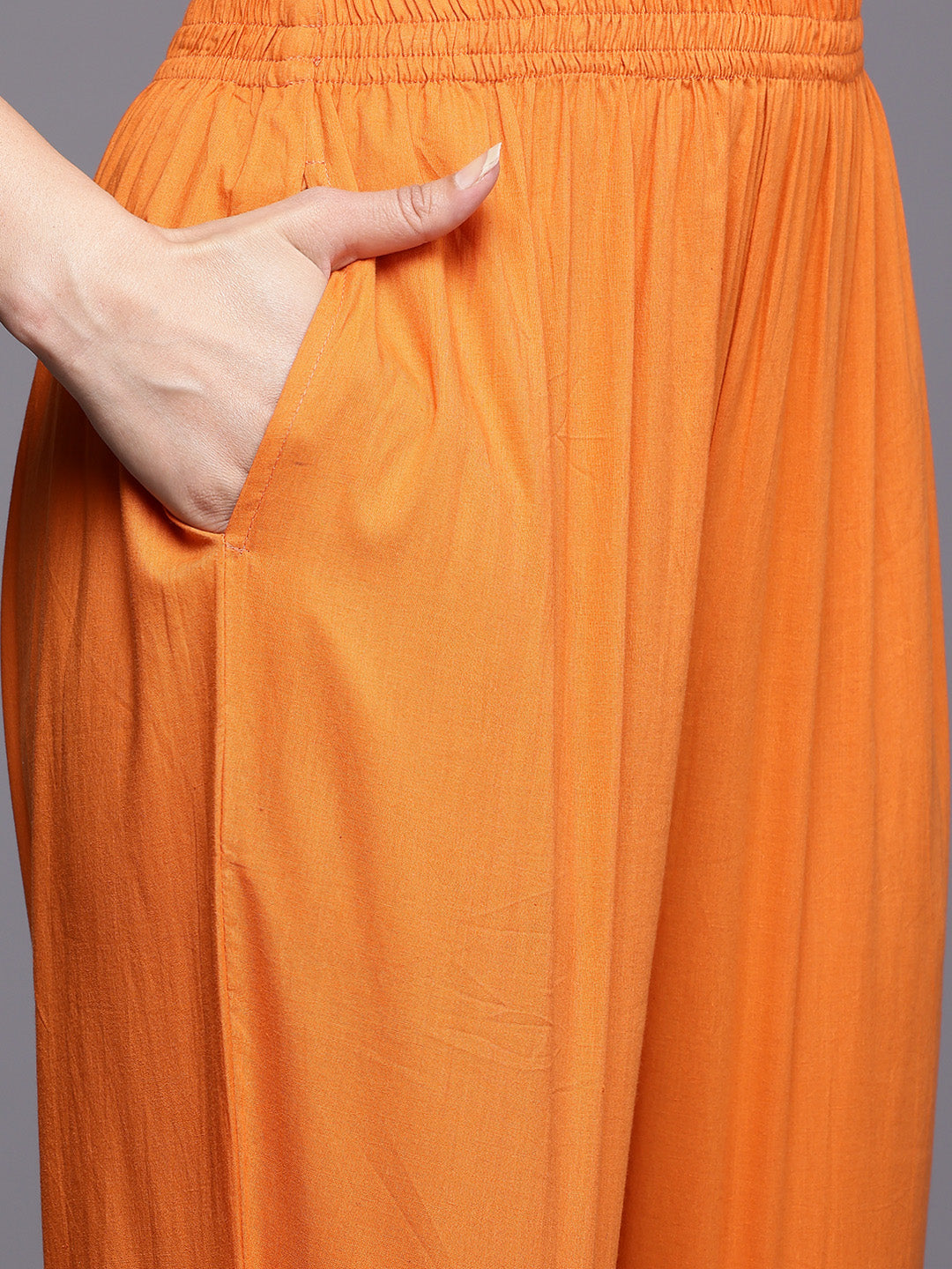 Dhiyona VR Women's Orange Mirror And Thread Embroidered,Zari Embellished Scalloped Schiffli Anarkali Kurta Paired Wirh Printed Bottom And Embroidered Dupatta