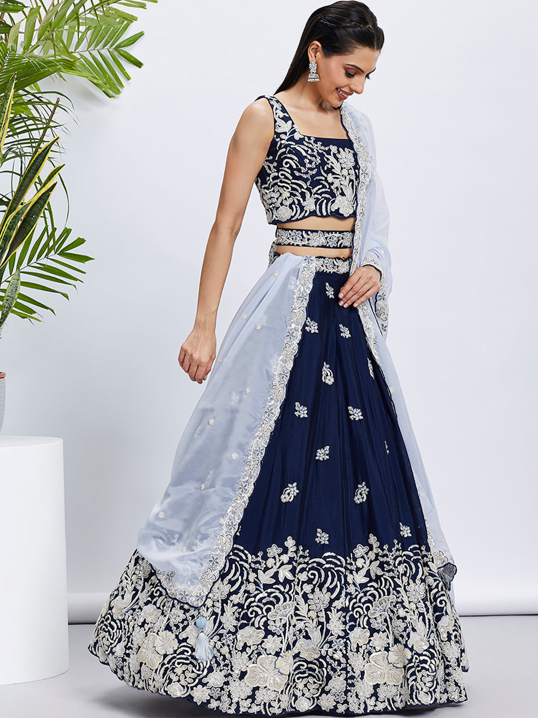 Women Navy blue Pure Georgette Sequins and thread embroidery Lehenga choli & Dupatta