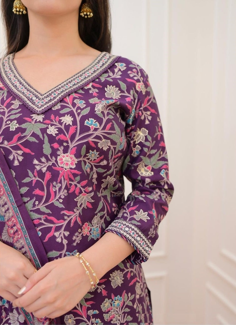Women Purple Embroidery Viscose Rayon Kurta, Pant And Dupatta Set
