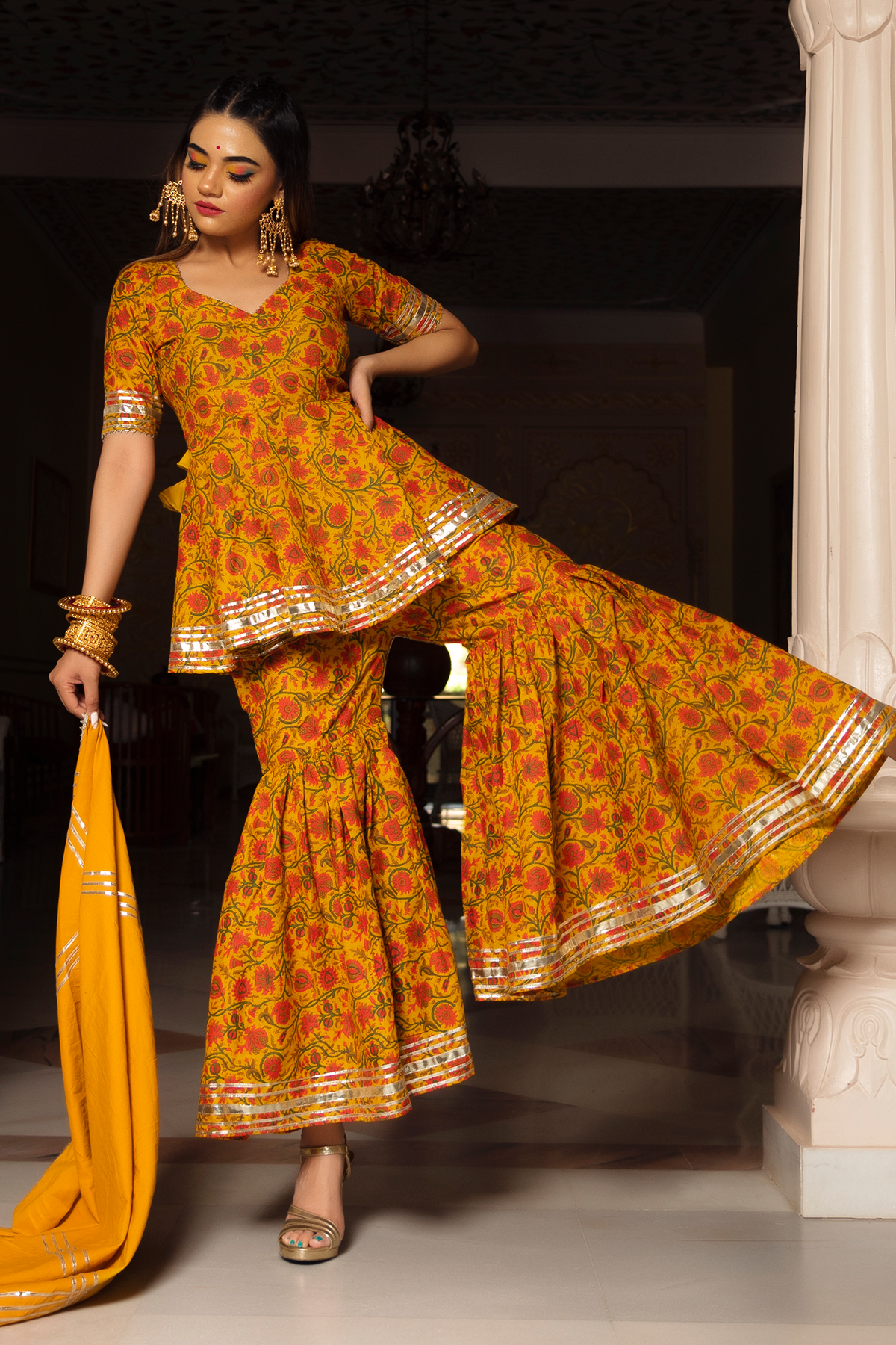 Darpan Mustard Yellow Hand Block Cotton Sharara Set