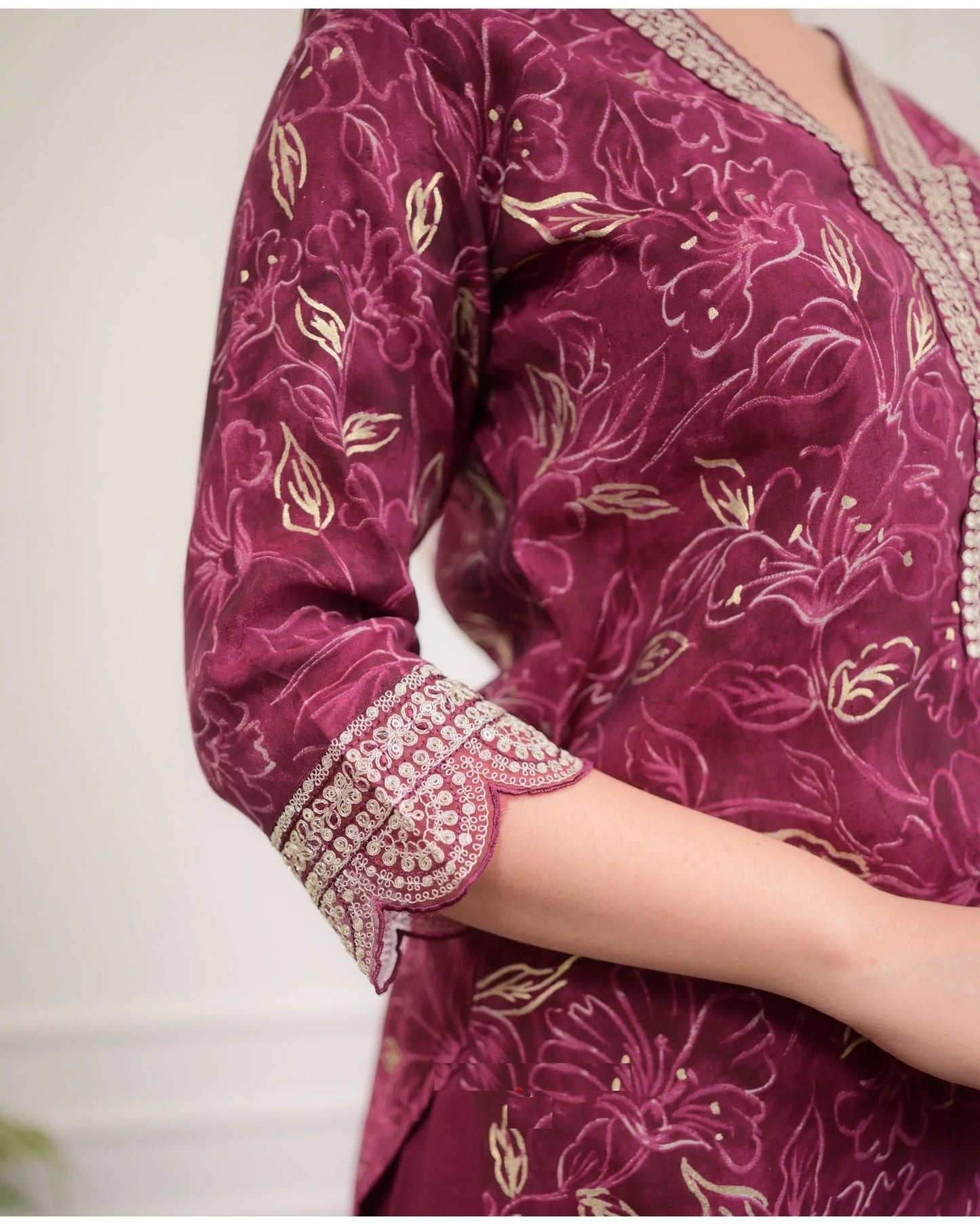 Women Wine Embroidery Viscose Rayon Kurta, Pant And Dupatta Set
