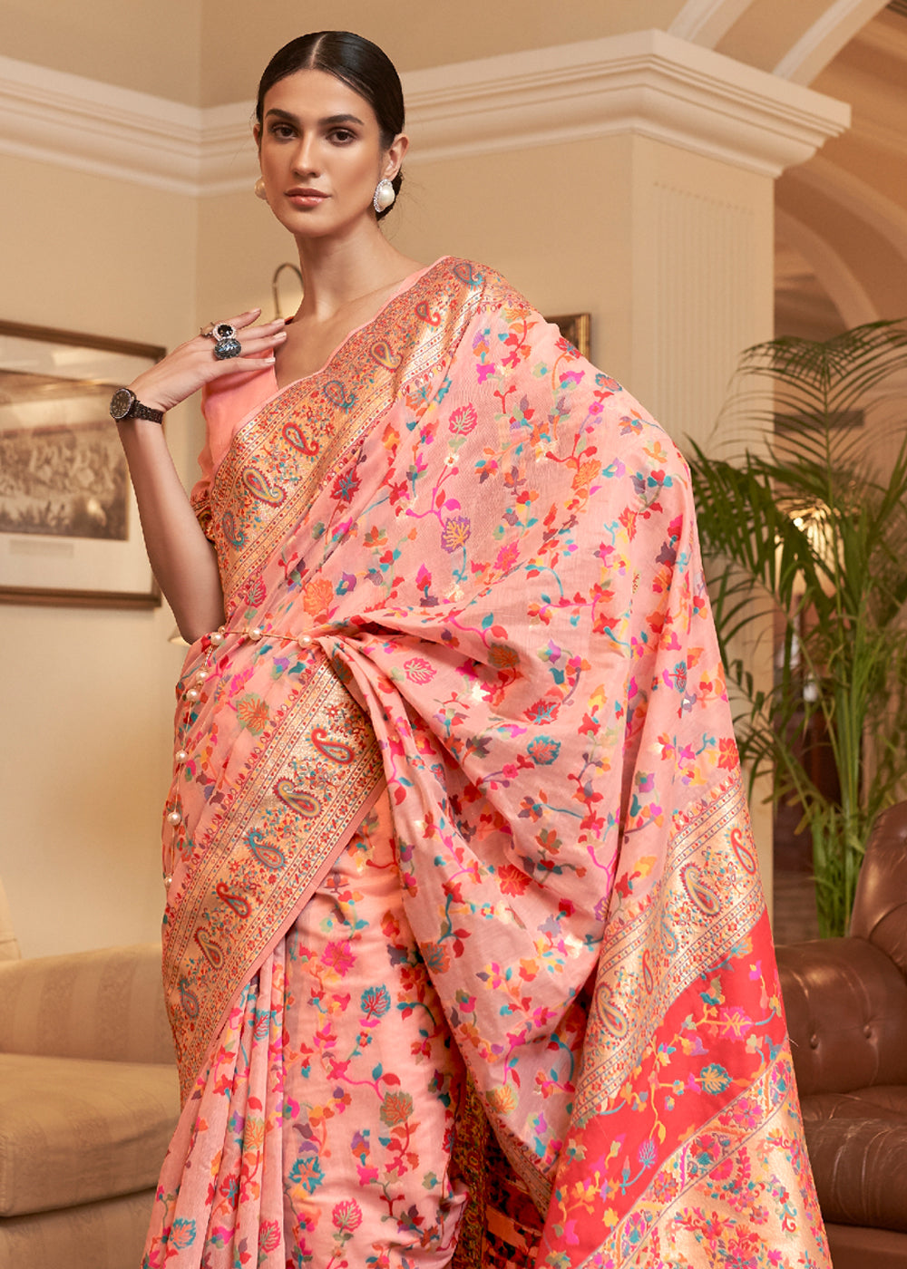 Dhiyona GR Women's Kalista Peachy Pink Woven Jamewar Kashmiri Banarasi Saree