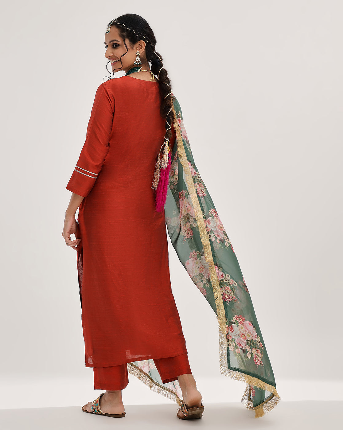 Dhiyona VR Women's Maroon & Silver Embroidered Straight Kurta With Solid Trouser And Printed Dupatta With Fringes