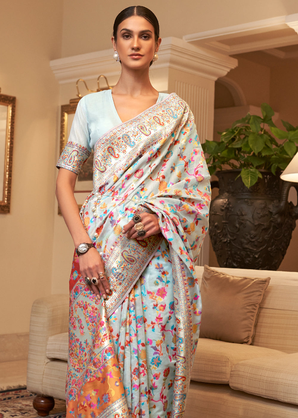Dhiyona GR Women's Kalista Ice Sky Woven Jamewar Kashmiri Banarasi Saree