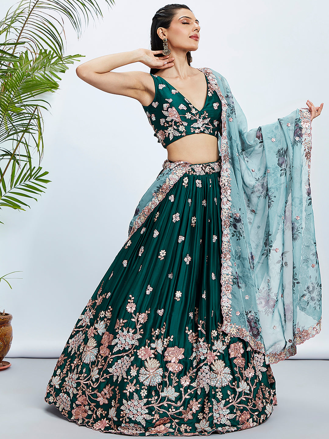 Women Green Pure Georgette Sequins and thread embroidery Lehenga choli & Dupatta