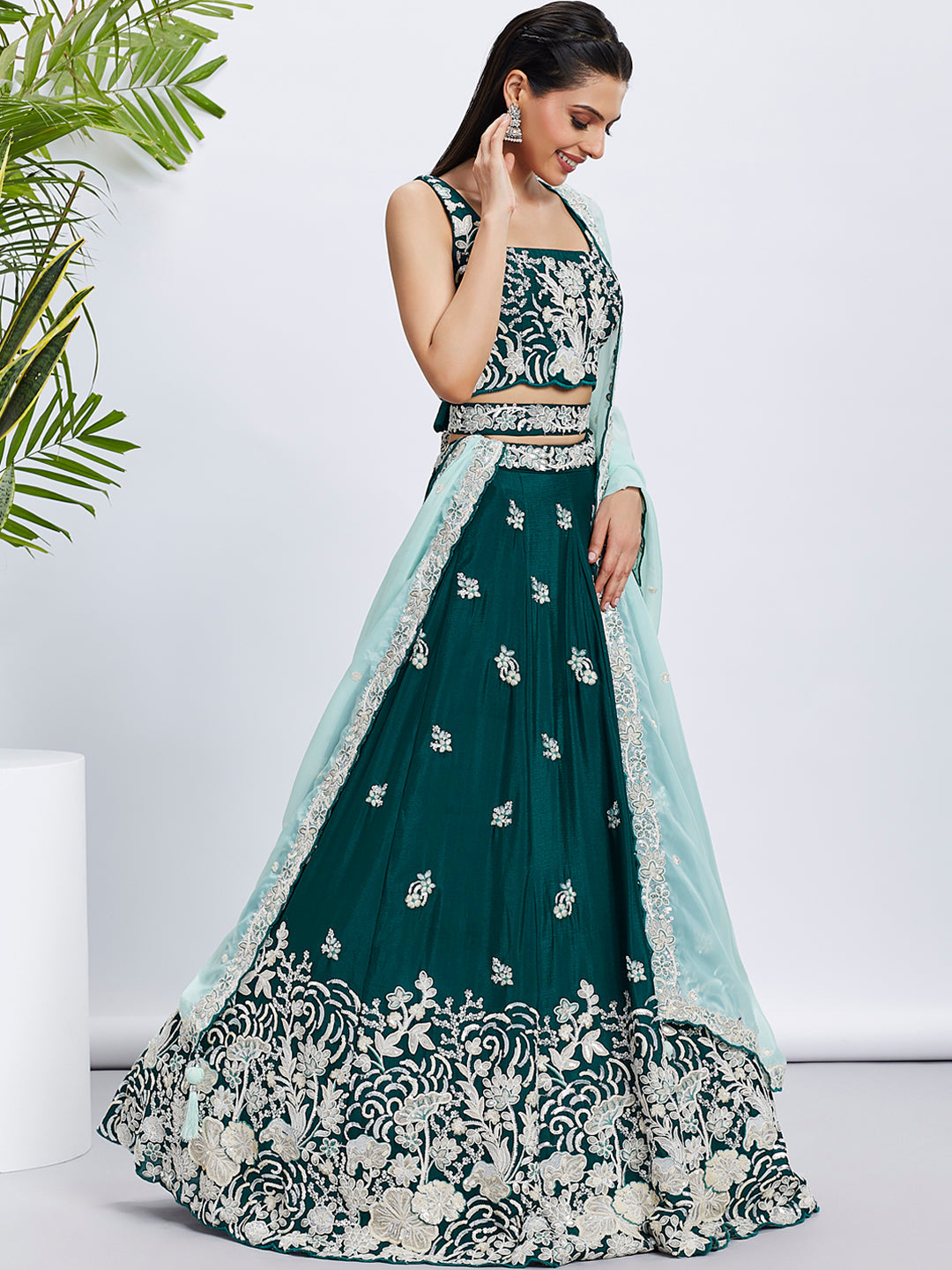 Women Green Pure Georgette Sequins and thread embroidery Lehenga choli & Dupatta