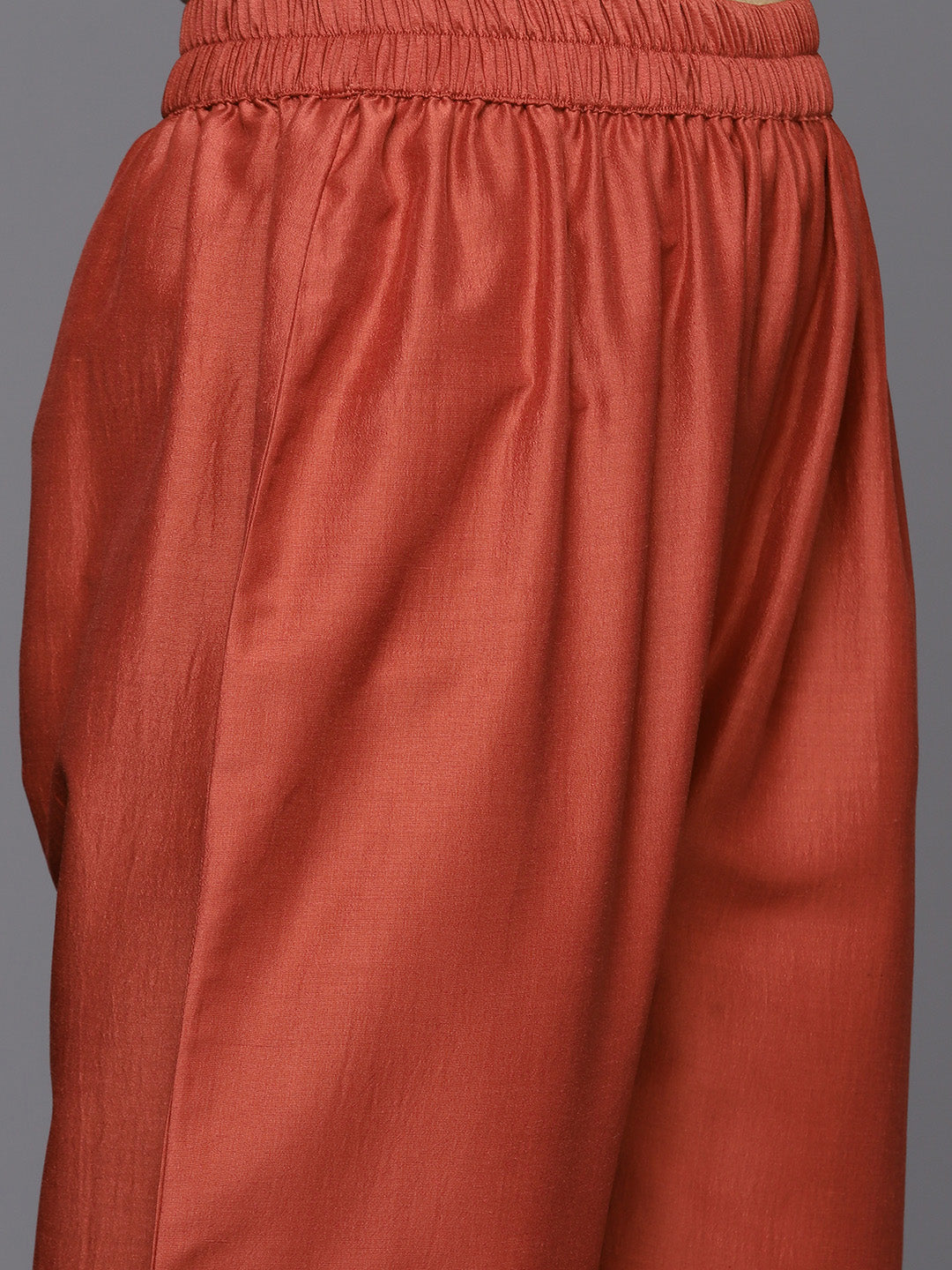 Dhiyona VR Women's Rust Mirror Work Yoke Embroidered Straight Kurta Paired With Tonal Bottom And Tonal Solid Dupatta With Four Side Fringes