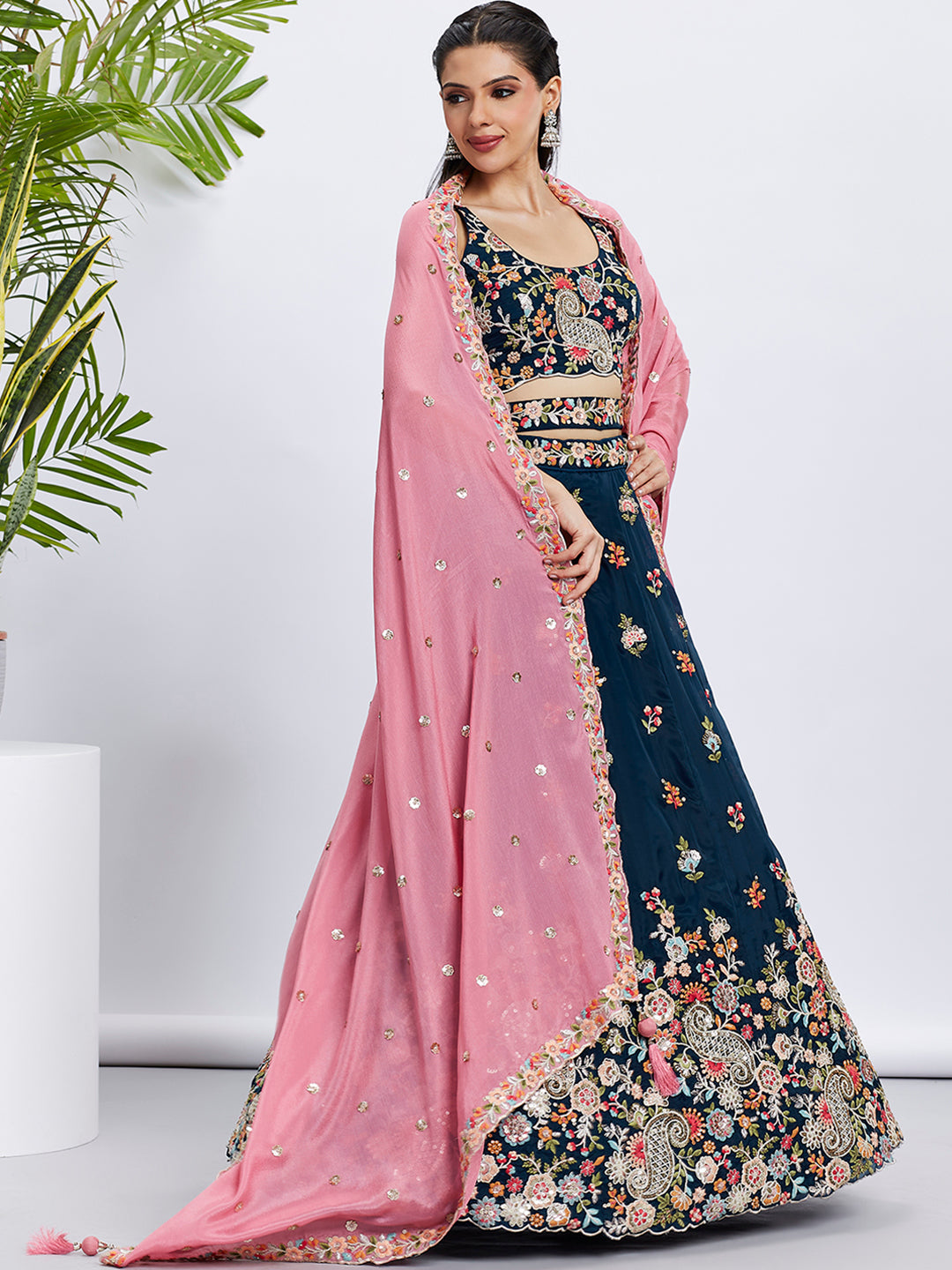 Women Navy blue Organza Sequins and thread embroidery Lehenga choli & Dupatta