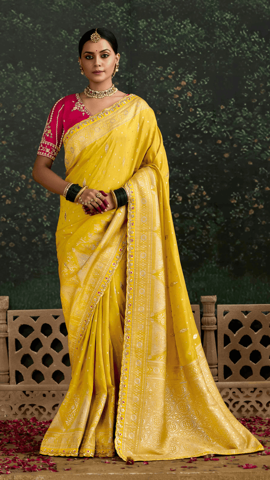 Dhiyona KM Women Mustard Yellow Banarasi Dola Silk Saree