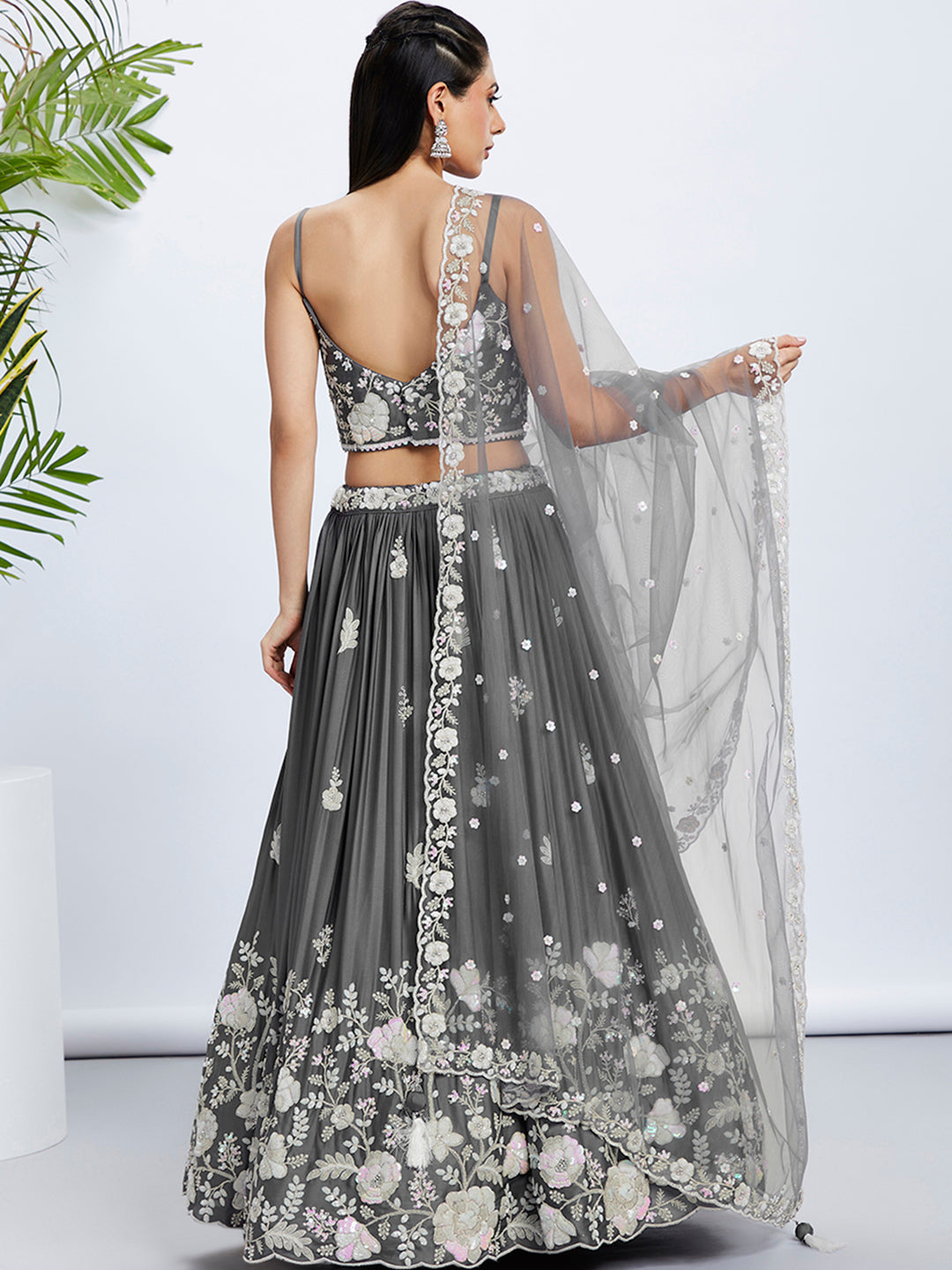 Women Grey Pure Georgette Sequins and thread embroidery Lehenga choli & Dupatta