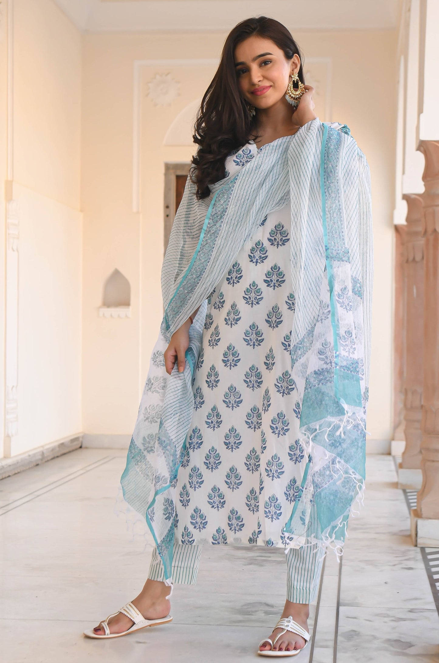 Women Blue Printed Viscose Rayon Kurta, Pant And Dupatta Set