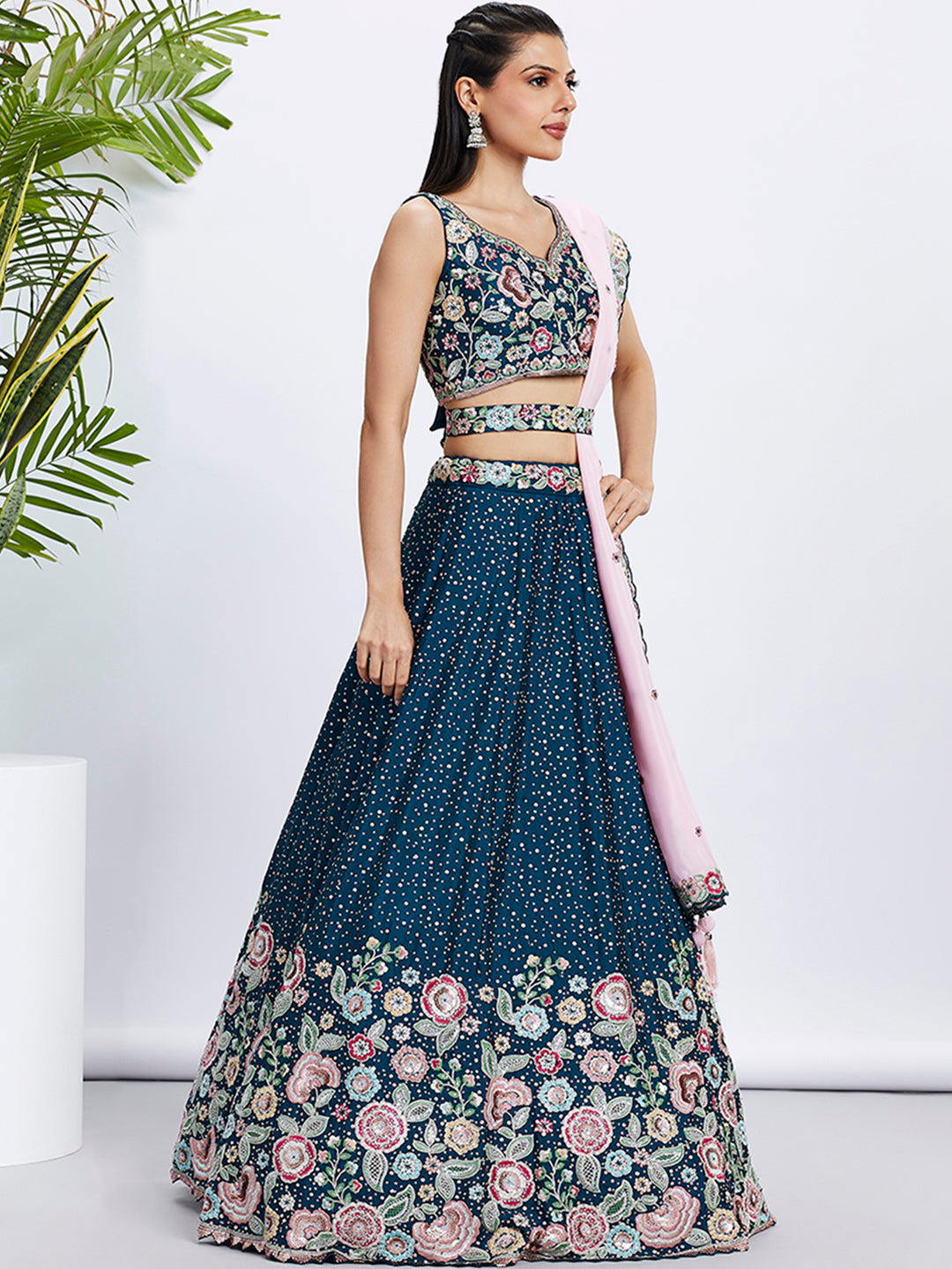 Women Navy blue Pure Chiffon Sequins and thread embroidery Lehenga choli & Dupatta