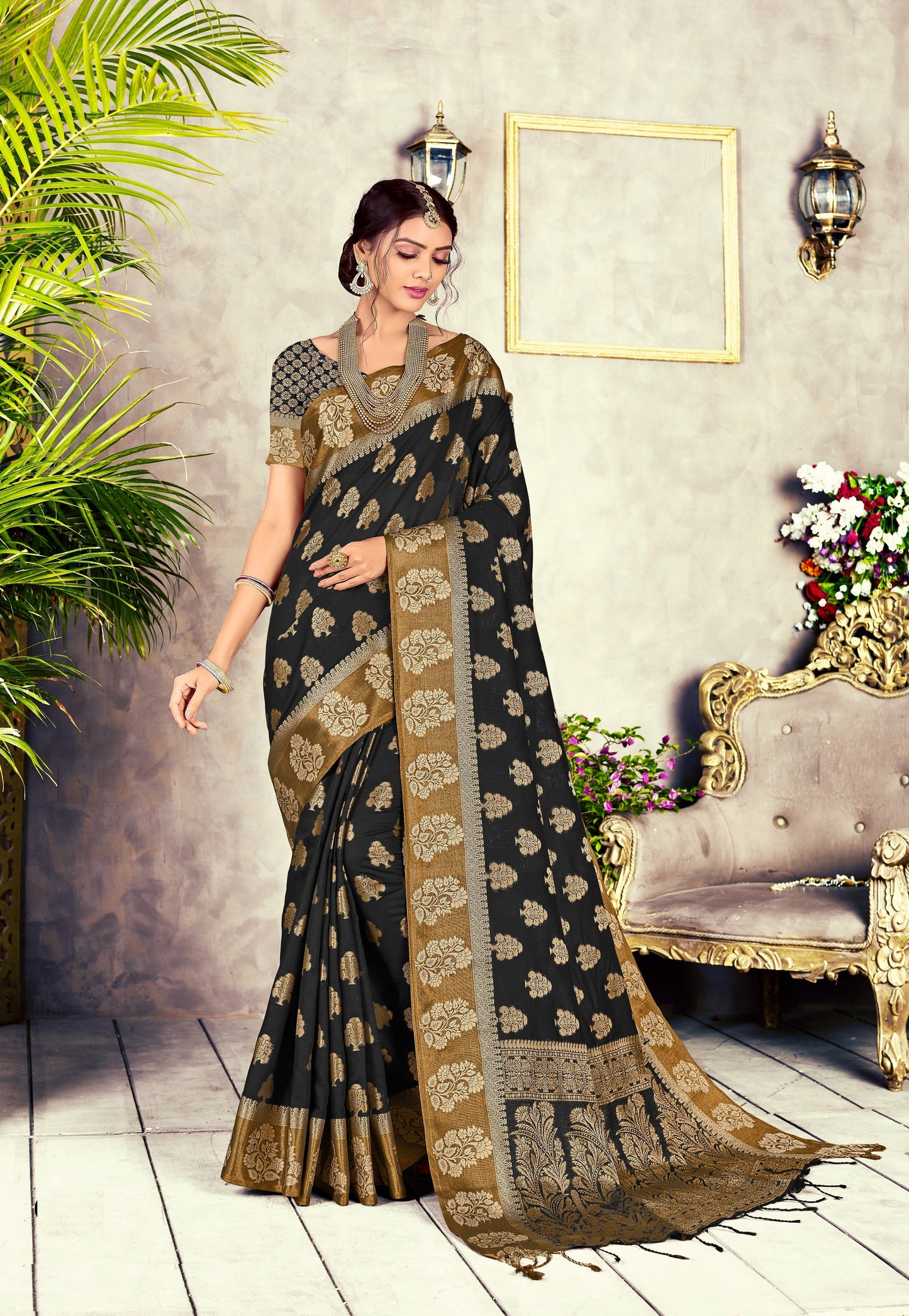 Dhiyona GR Women's GJ Black Diamond Pitch Black Zari Woven Design Cotton Blend Saree
