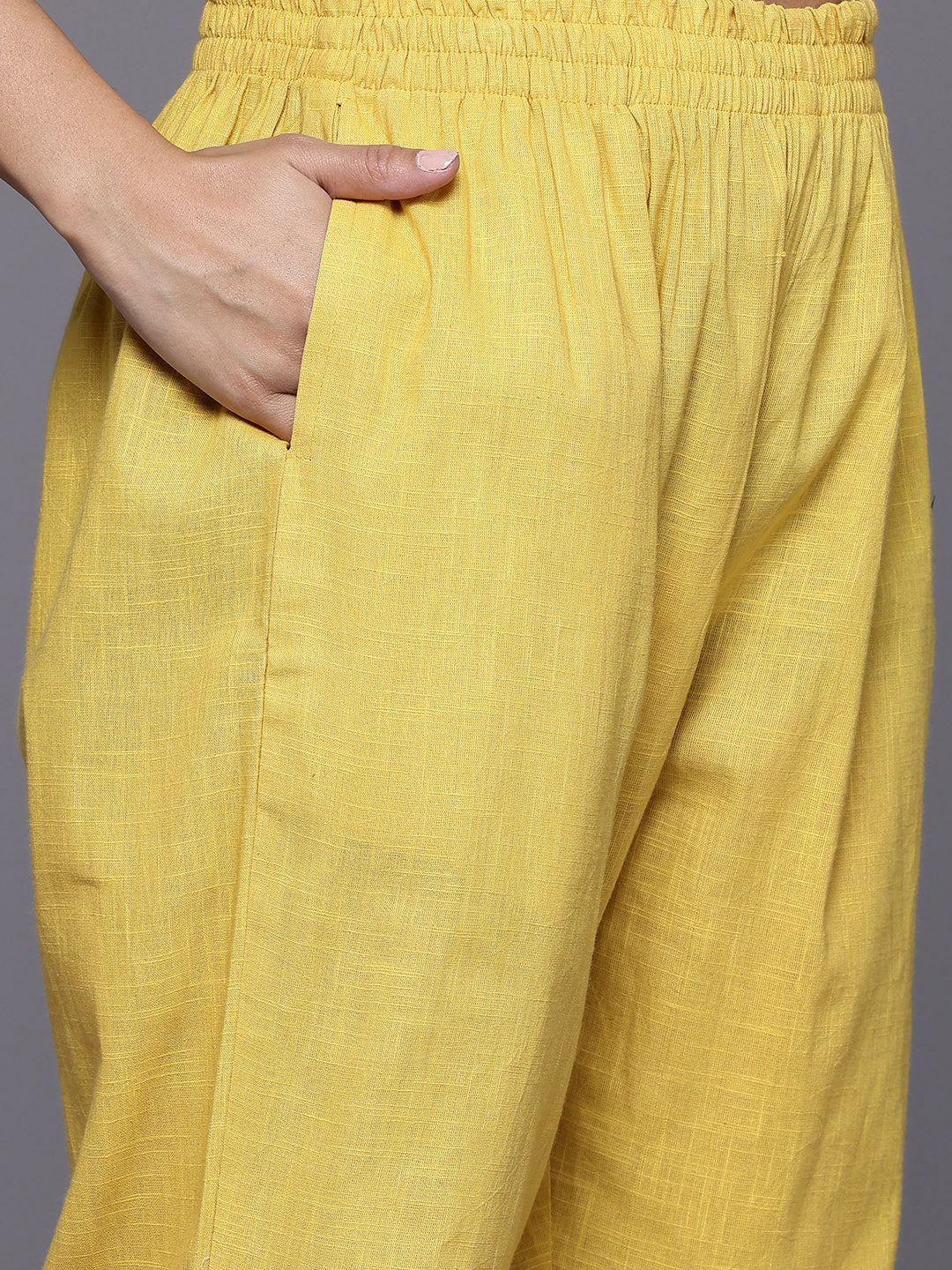 Dhiyona VR Women's Mustard Woven Design Round Neck, Three Quarter Sleeves Paired With Tonal Bottom And Dupatta