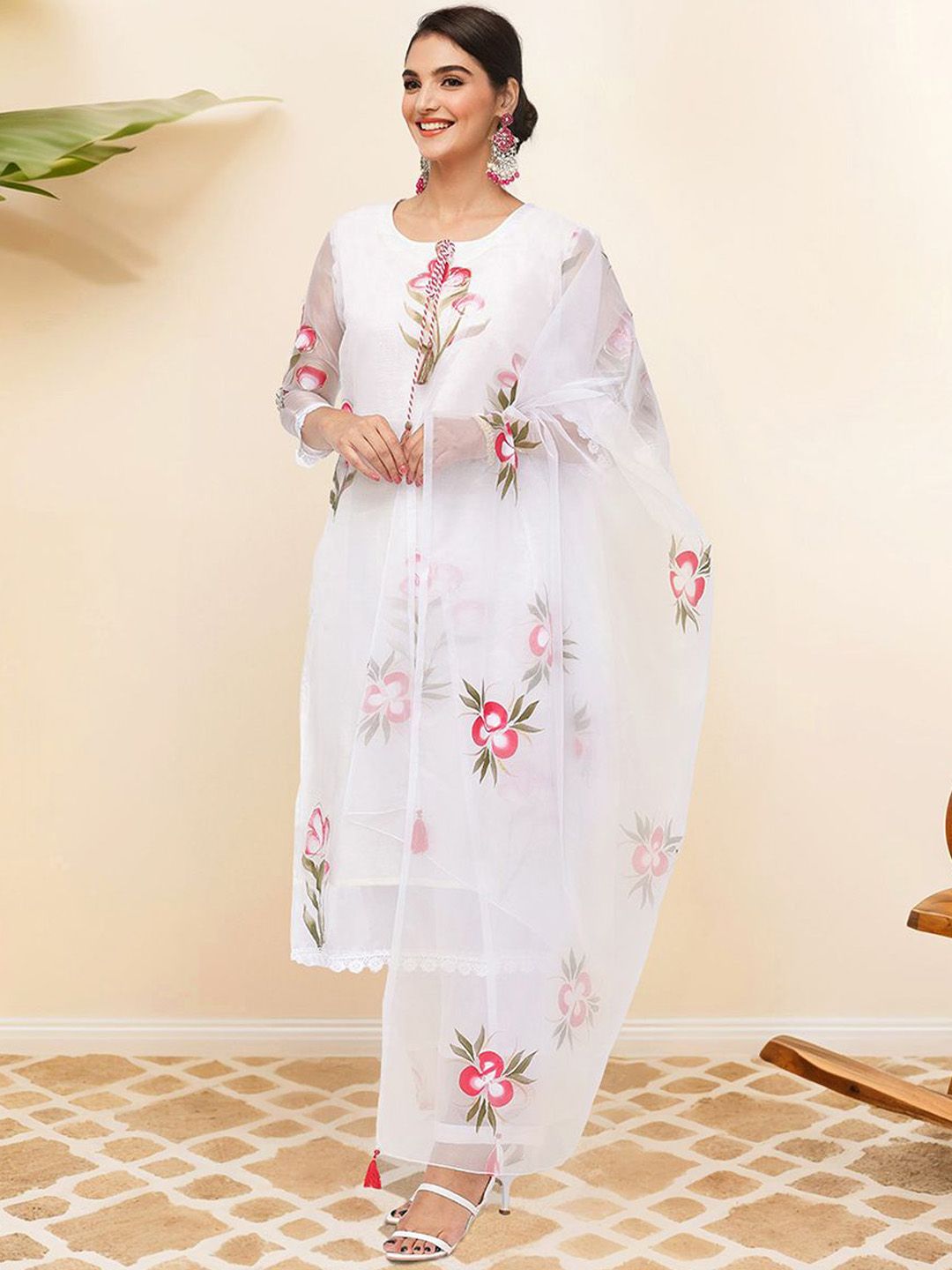 Dhiyona IS Women's Floral Printed Tie Up Neck Straight Kurta With Trousers & Dupatta