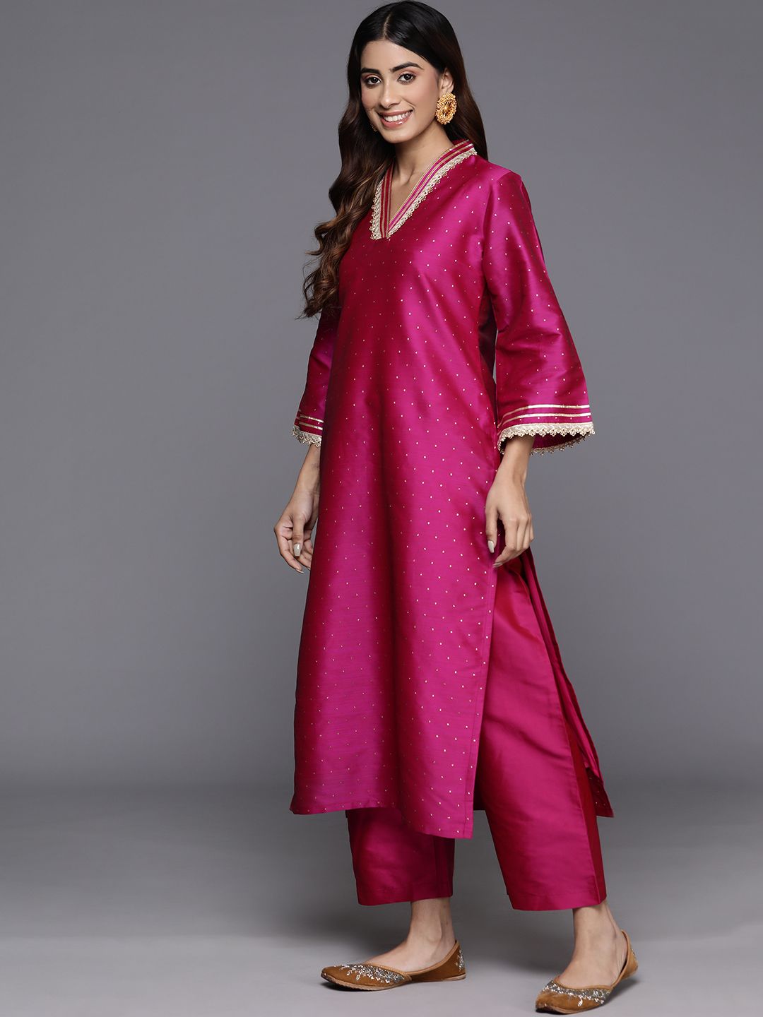 Dhiyona VA Women'sFlared Sleeves Gotta Patti Kurta with Palazzos & Dupatta