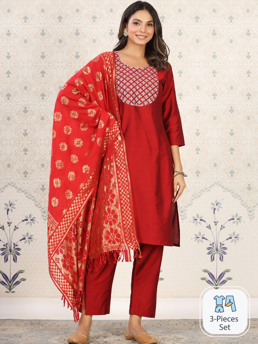 Dhiyona OD Floral Embroidered Sequined Straight Kurta & Trousers With Dupatta