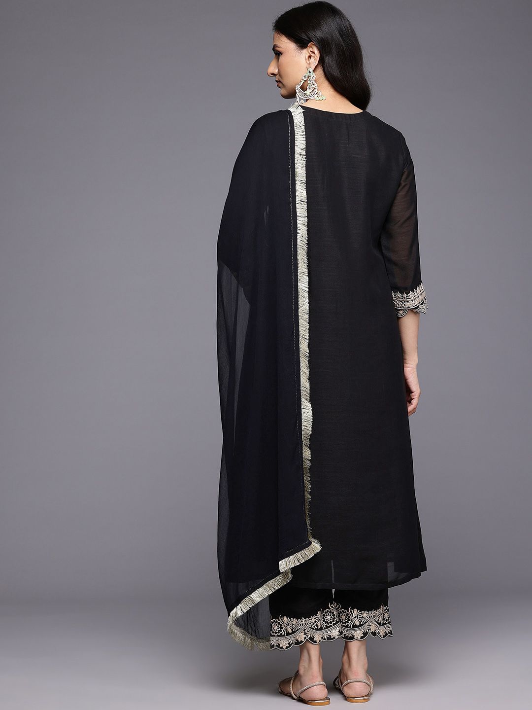 Dhiyona VA Women'sEthnic Motifs Embroidered Zari Panelled Kurta With Trousers & Dupatta