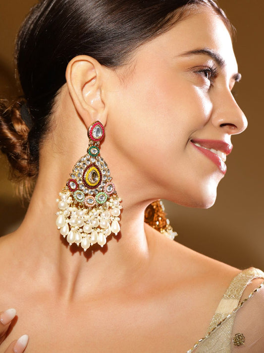 Dhiyona RJ Women's 22K Gold Plated Kundan Studded & Beaded Classic Chandbalis