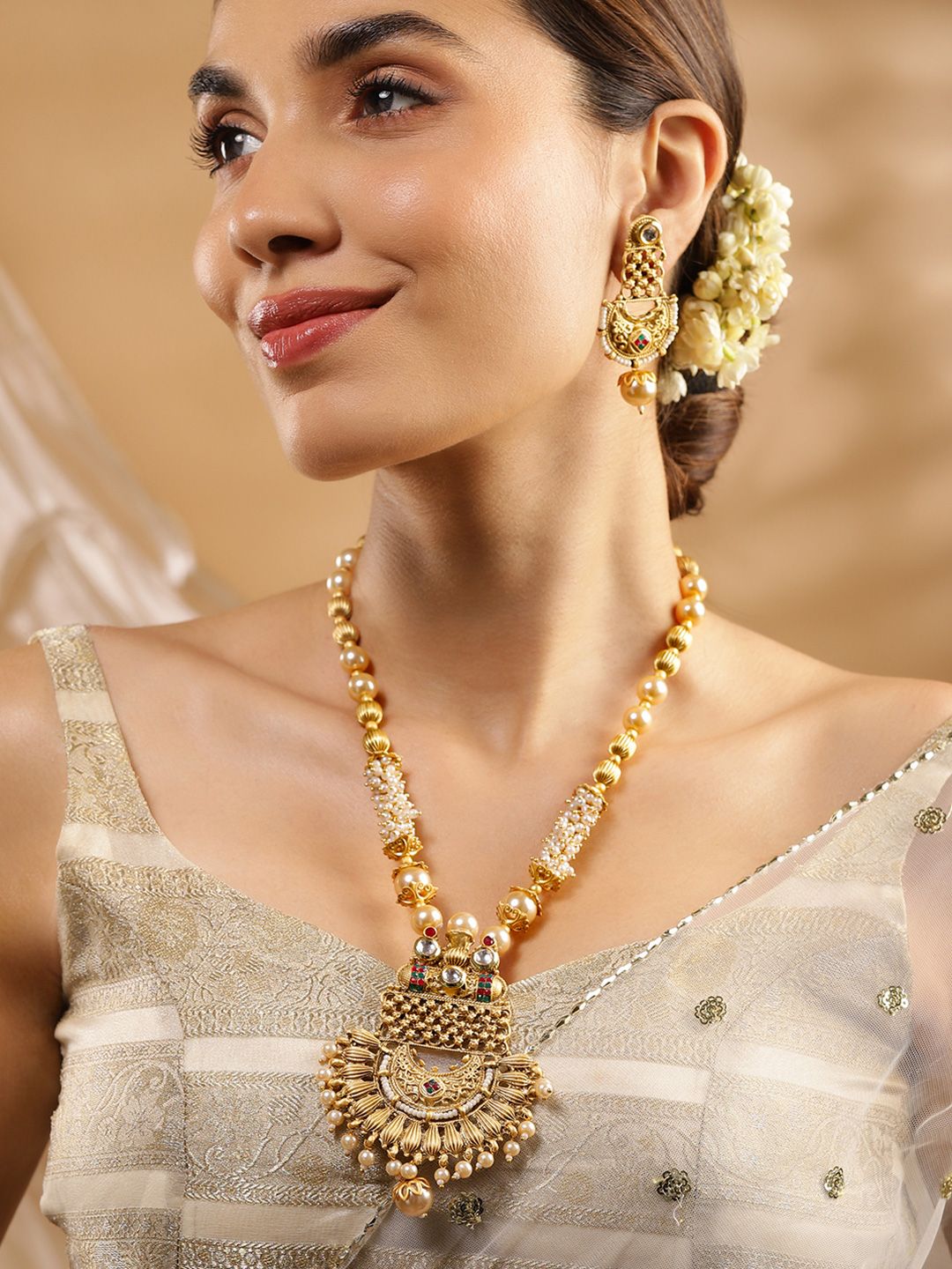 Dhiyona RJ Women's 22K Gold-Plated White, Red & Green Stone & Pearl Beaded Handcrafted Jewellery Set