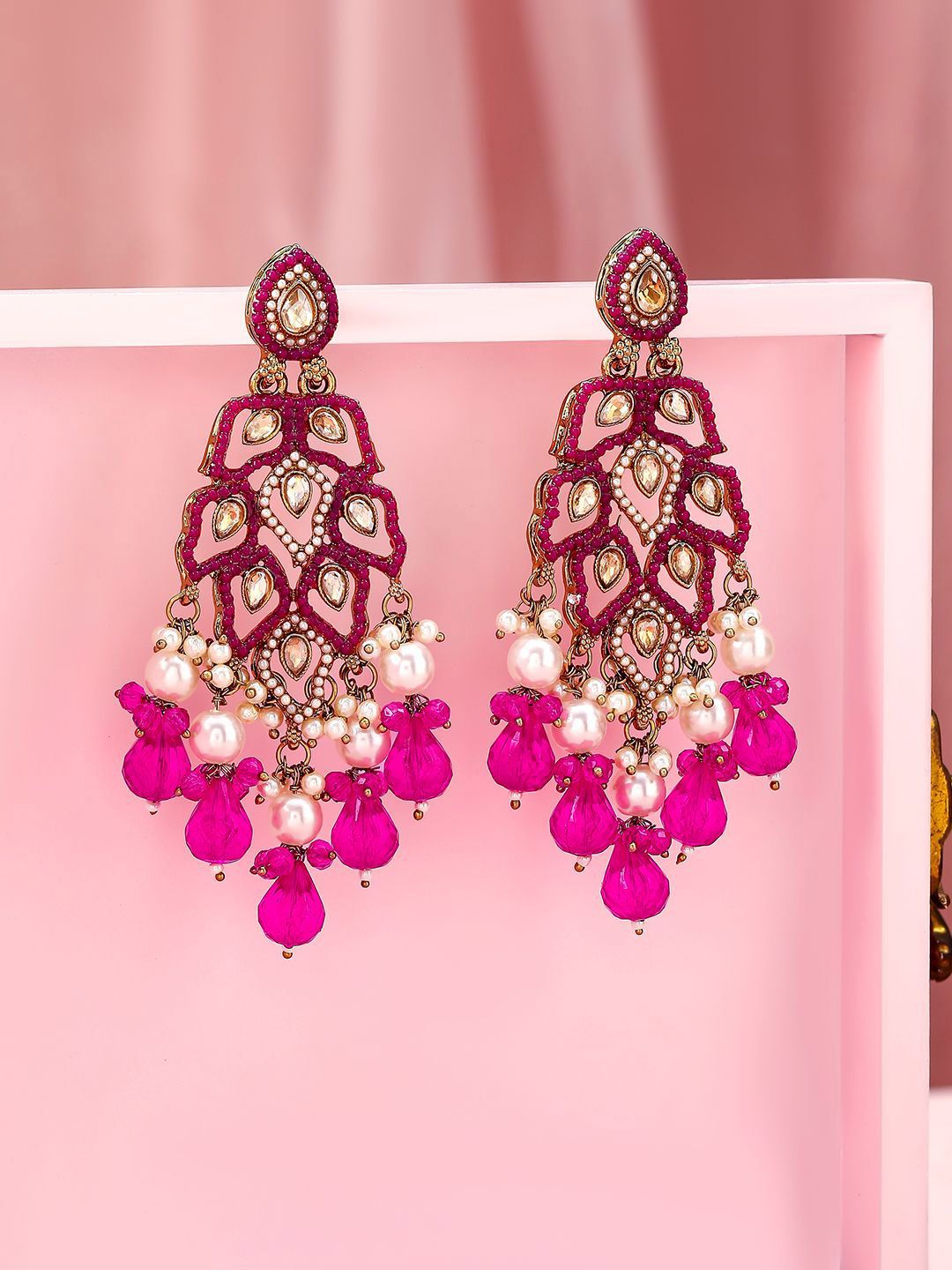 Dhiyona RJ Women's 22K Gold Plated Pink Stone & Kundan Studded Chandelier with Pearl & Bead Accents