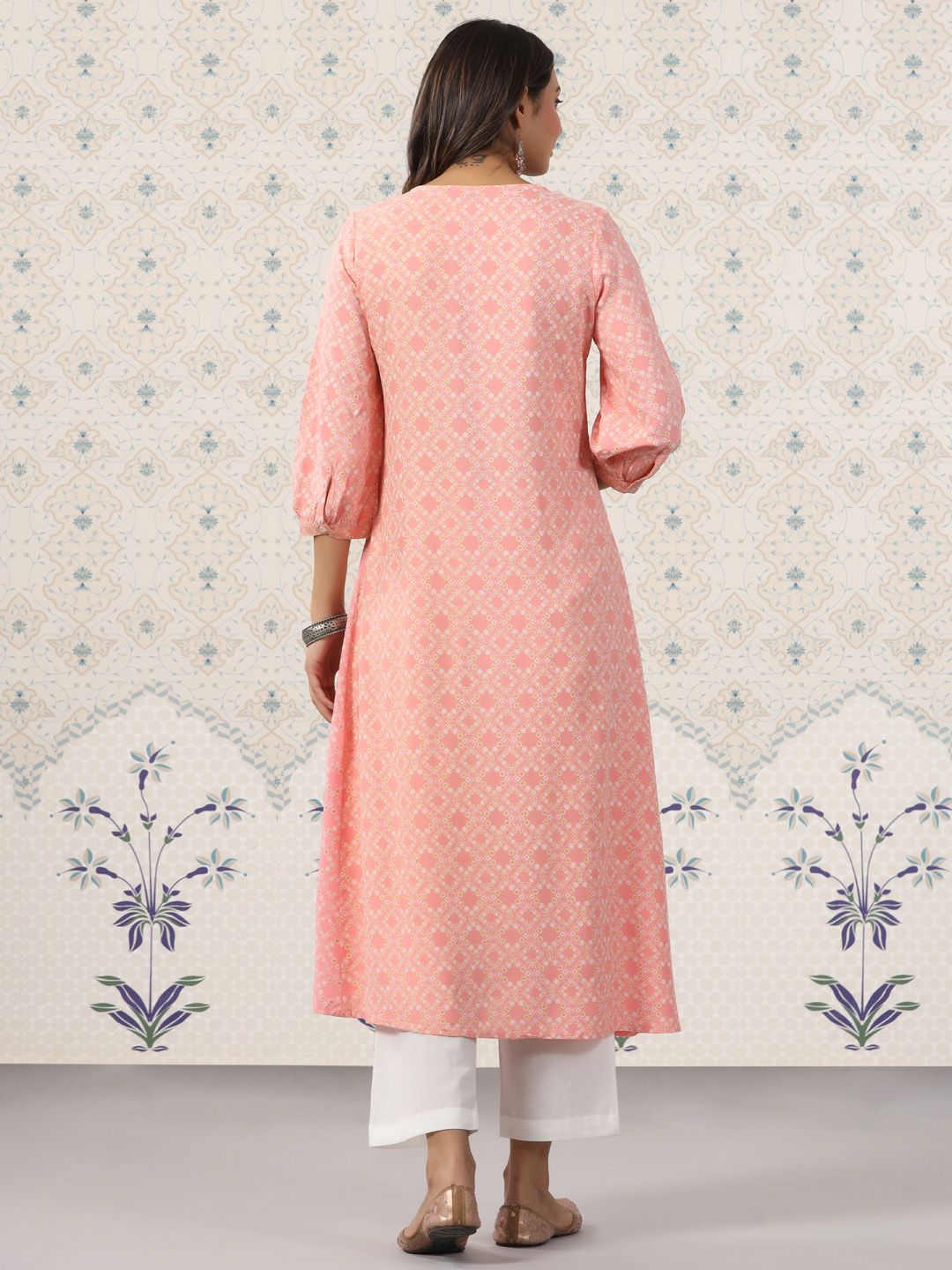 Dhiyona OD Ethnic Motif Printed Tie Up Neck A-Line Kurta With Trousers