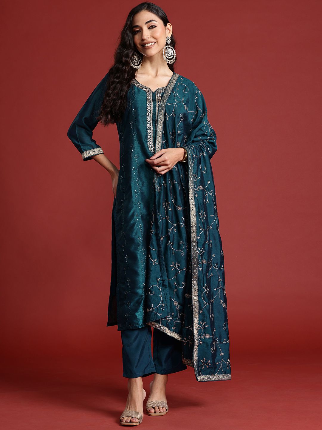 Dhiyona IE Floral Embroidered Sequinned Kurta With Trousers & Dupatta