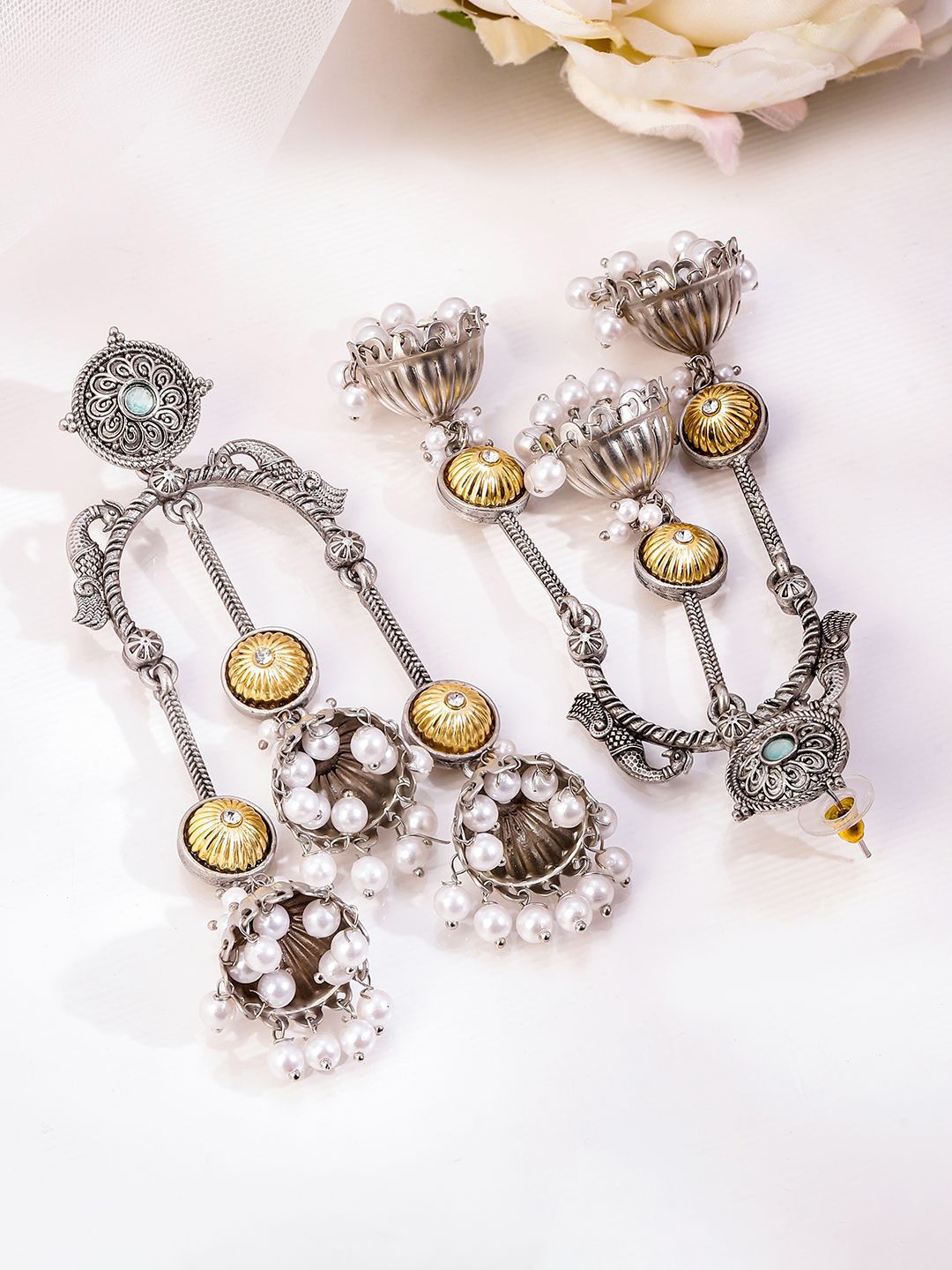 Dhiyona RJ Women's Silver Plated Pearls Beaded Floral Triple Layer Long Oxidised Jhumkas
