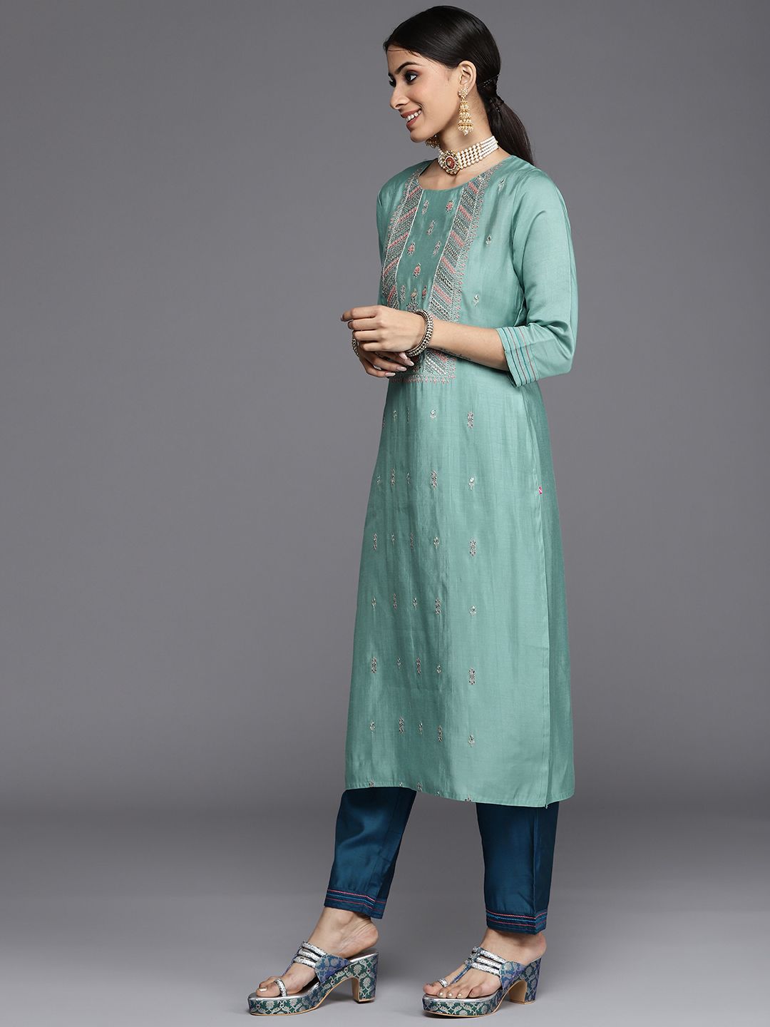 Dhiyona VA Women's Blue Ethnic Motifs Embroidered Kurta with Trousers & Dupatta