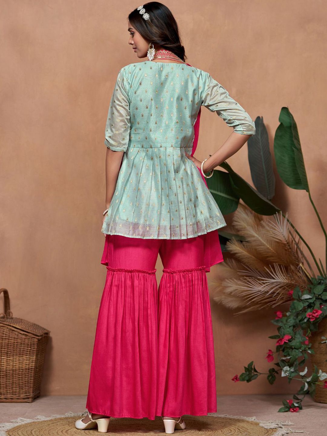 Dhiyona SN Women's Paisley Embroidered V-Neck Short Sleeves Chanderi Silk Kurta & Sharara & Dupatta