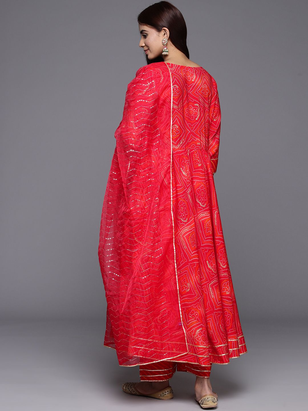 Dhiyona LB Women's Bandhani Printed Pleated Mirror Work Kurta with Trousers & Dupatta
