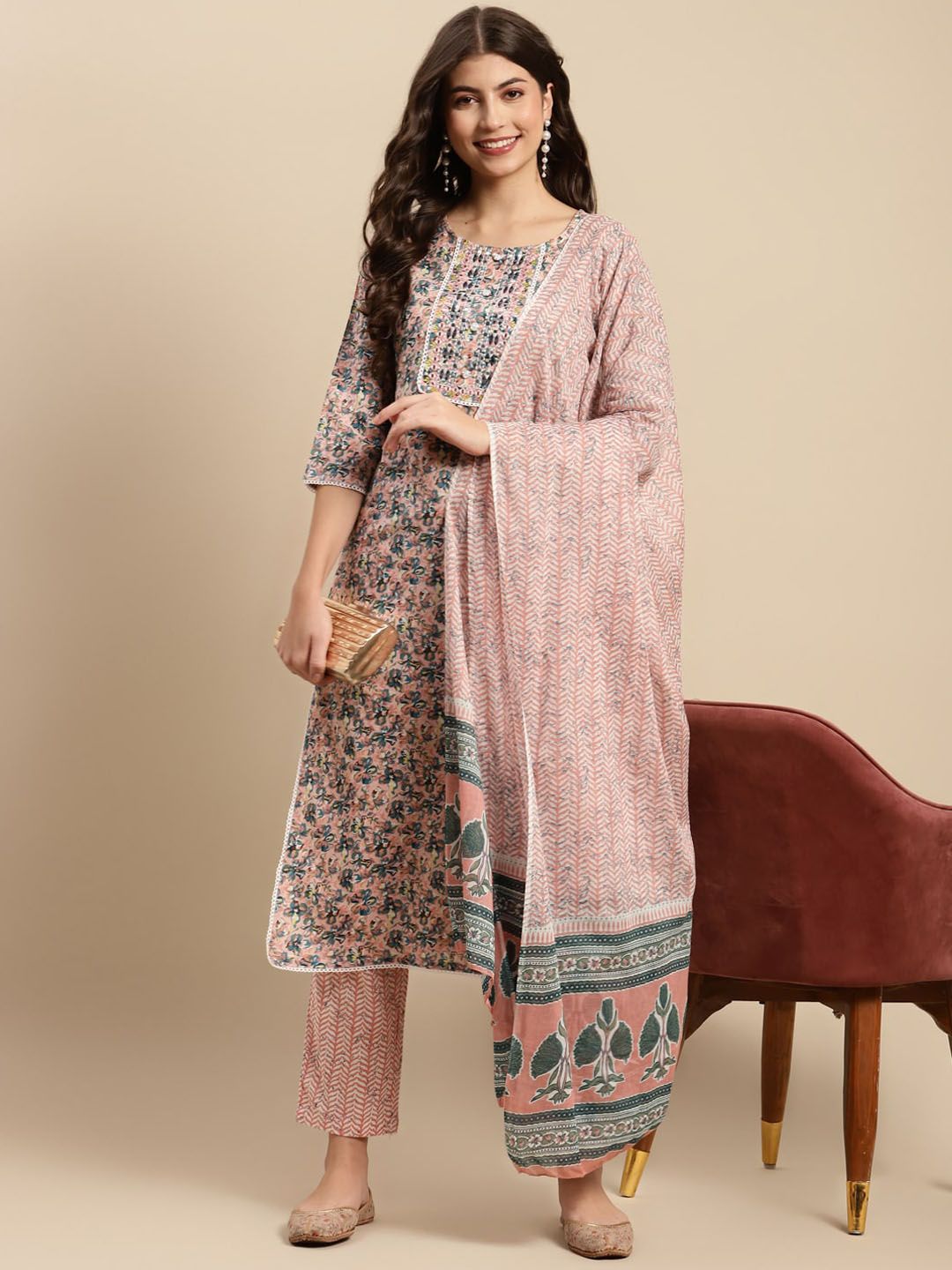 Dhiyona SN Women's Peach & Blue Floral-Printed Pure-Cotton Straight Kurta With Trouser & Dupatta