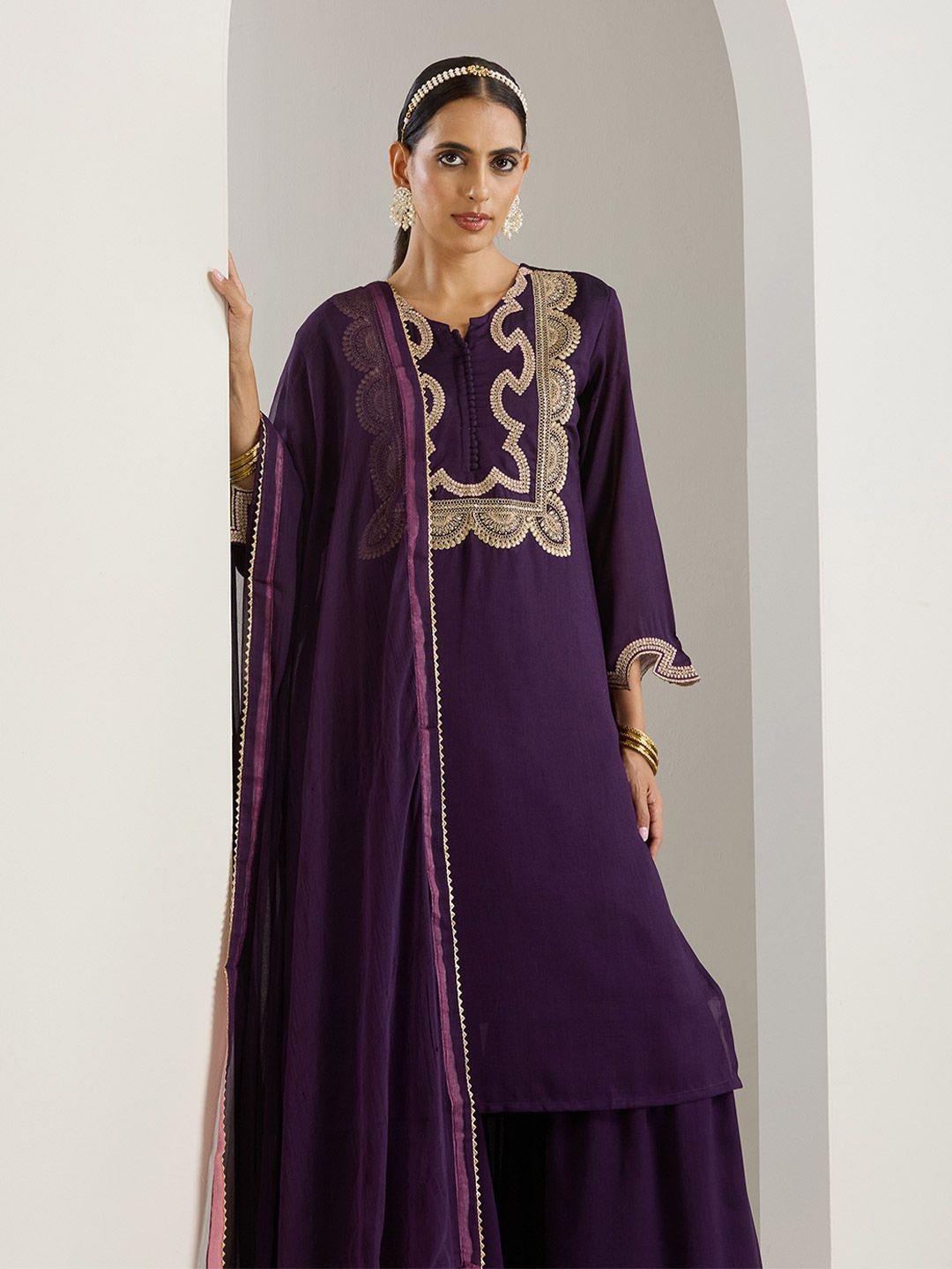 Dhiyona IS Women's Purple Ethnic Motifs Embroidered Chinon Straight Kurta With Sharara & Dupatta