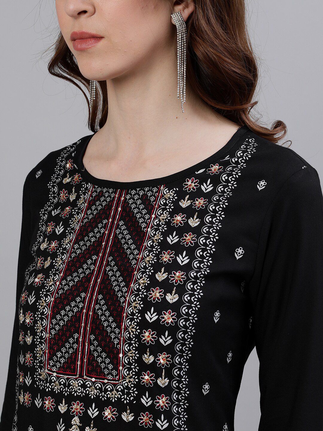 Dhiyona IS Women's Women Black Ethnic Motifs Printed Panelled Kurta with Palazzos & Dupatta