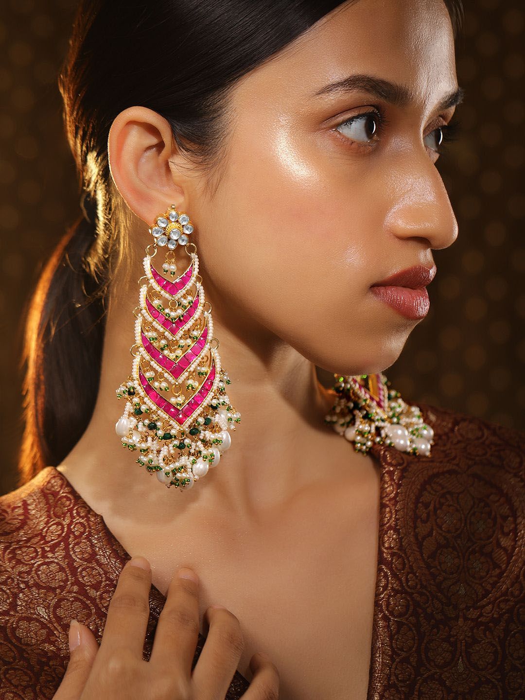 Dhiyona RJ Women's 24K Gold-Plated Ruby Pink Kundan & Green Beaded Handcrafted Shoulder Duster Earring