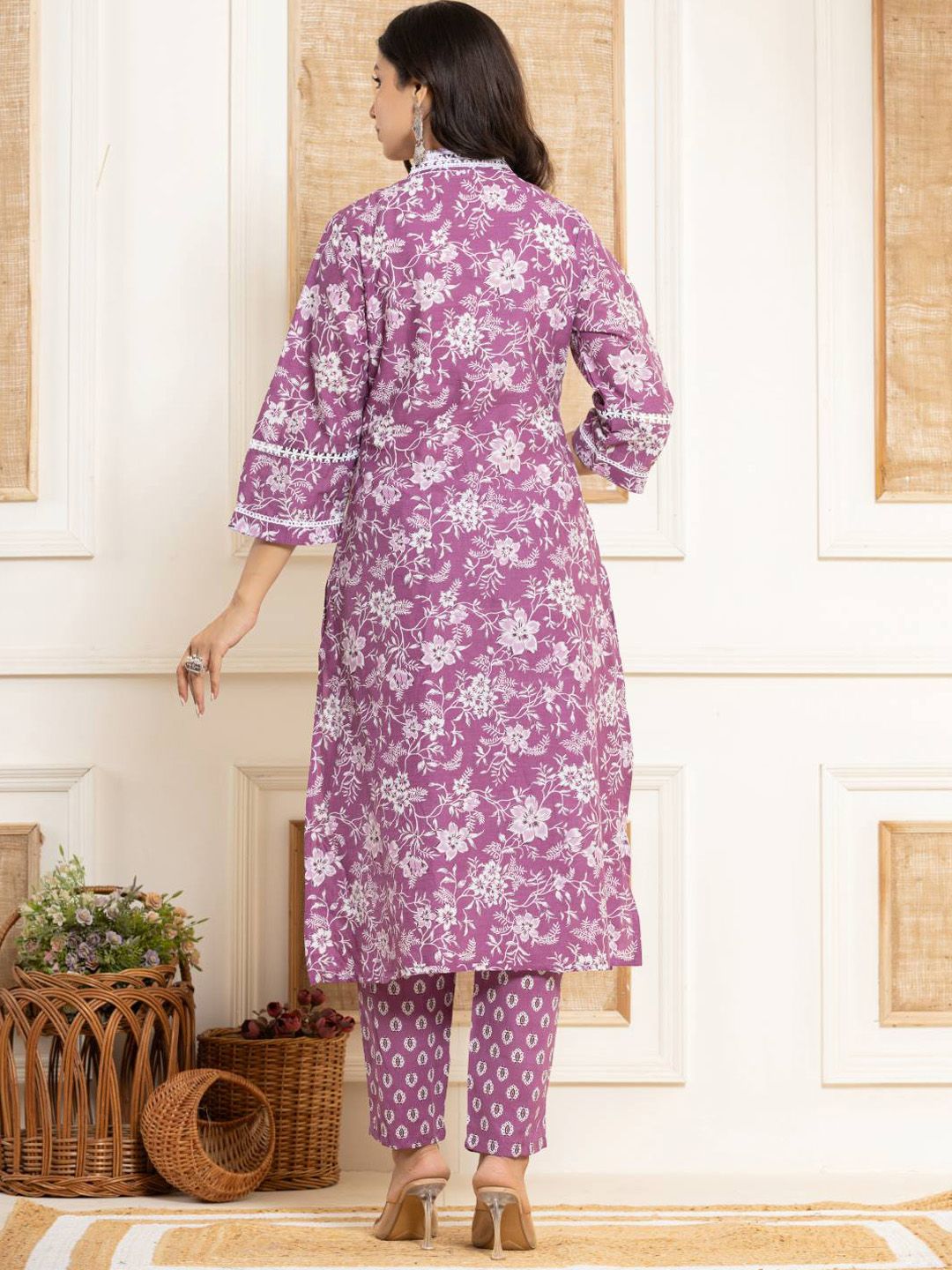 Dhiyona VA Women'sFloral Printed Regular Straight Kurta with Trouser & with Dupatta