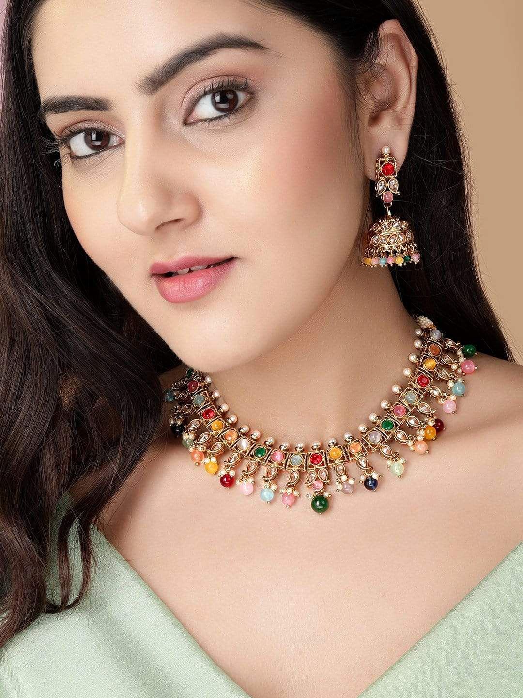 Dhiyona RJ Women's Gold-Plated Multi Color CZ Studded pearl beaded Handcrafted Jewellery Set