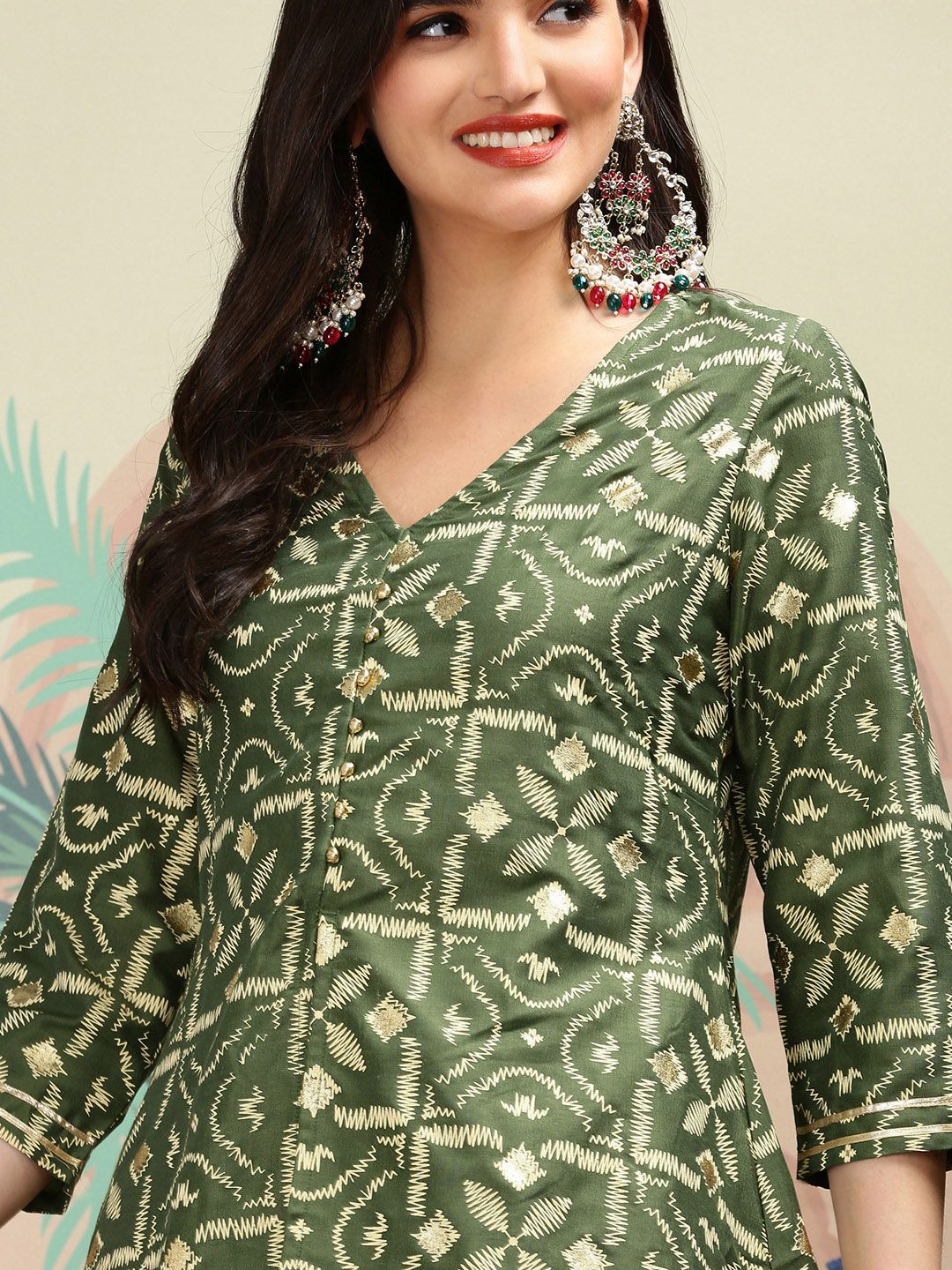 Dhiyona IS Women's Geometric Printed V-Neck A-Line Kurta with Sharara