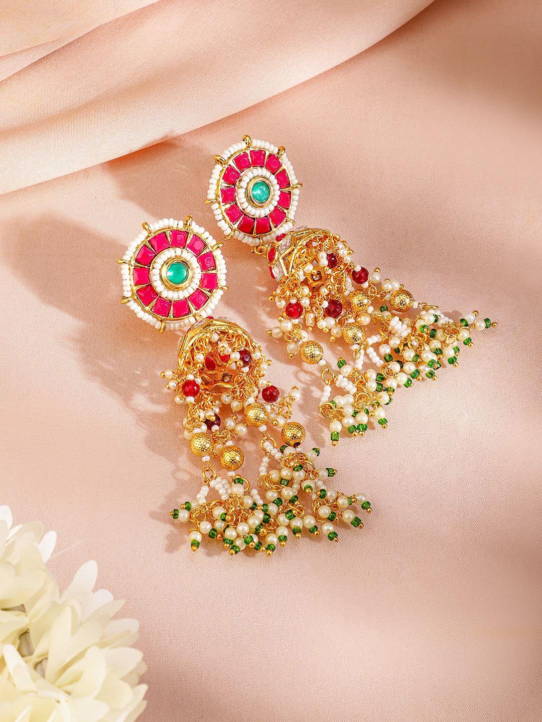 Dhiyona RJ Women's 24K Gold-Plated Kundan & Beaded Handcrafted Ruby, Emerald & Pearl Necklace Set