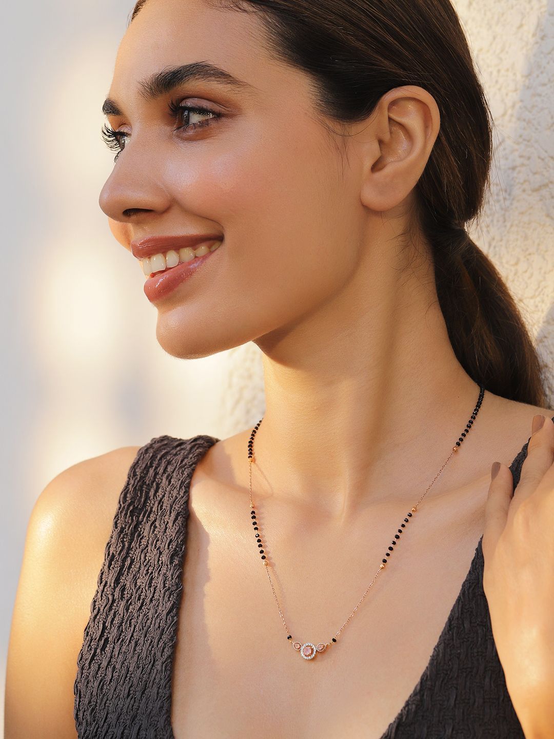 Dhiyona RJ Women's 18K Rose Gold-Plated Pink AD & Cubic Zirconia Studded Black Beaded Mangalsutra